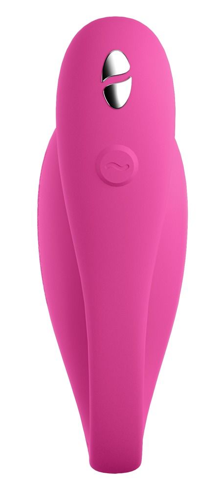 Rosa Vibrator. U-förmig mit abgerundeten Enden. Knöpfe auf der Oberfläche.