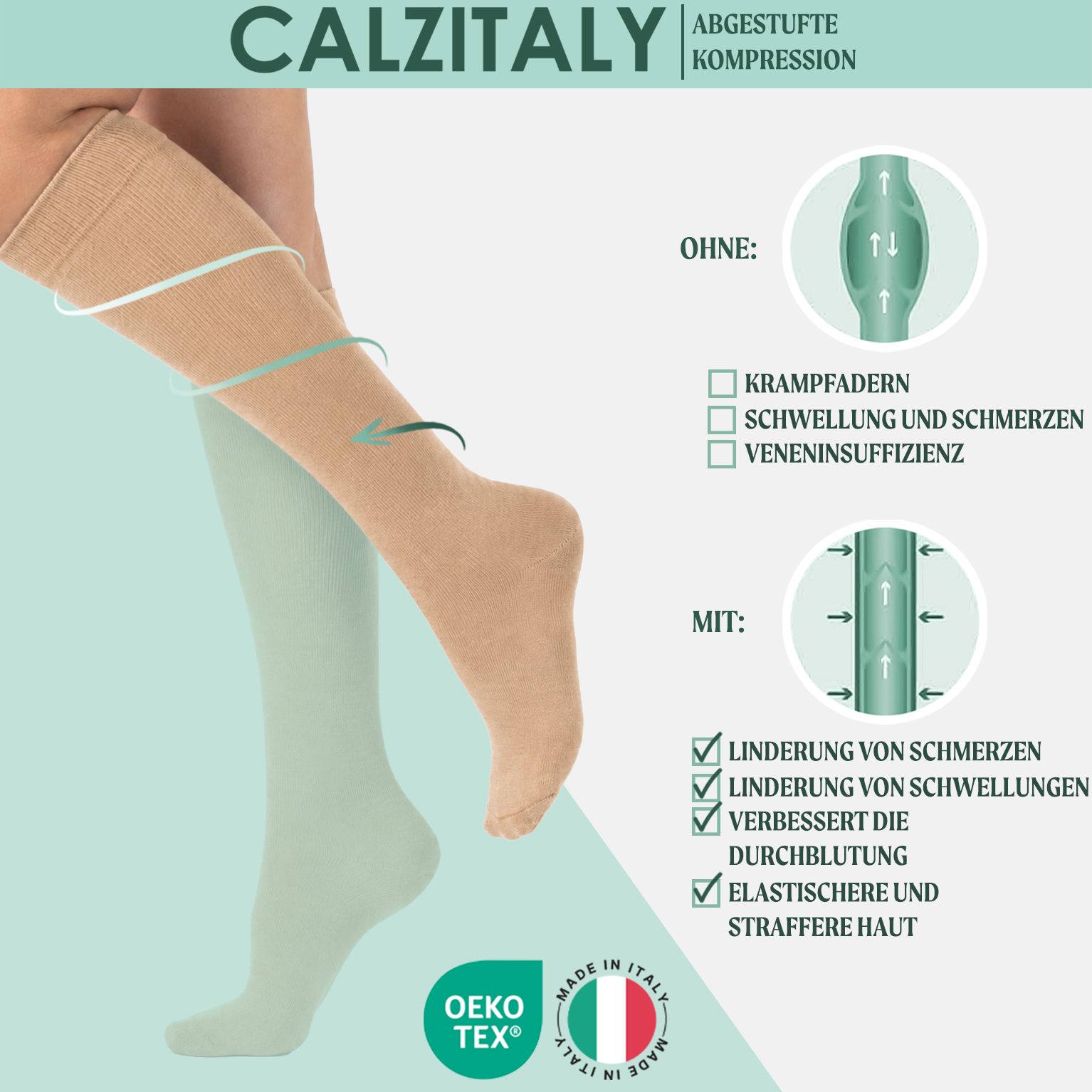 CALZITALY Unisex Kniestrümpfe aus Baumwolle Abgestufter Kompression 14-16 mm/Hg Made in Italy