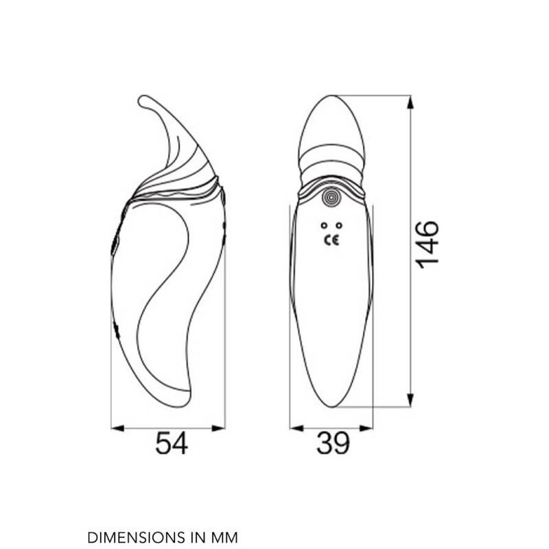 Technische Zeichnung des Massagegeräts. Abmessungen in mm: 146x54x39.