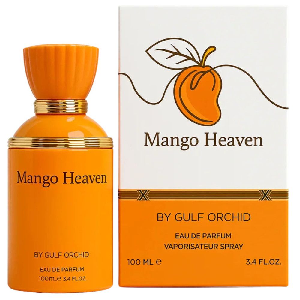 Orangefarbene Flasche und Verpackung. Aufschrift: Mango Heaven, BY GULF ORCHID, Eau de Parfum, 100 ml.