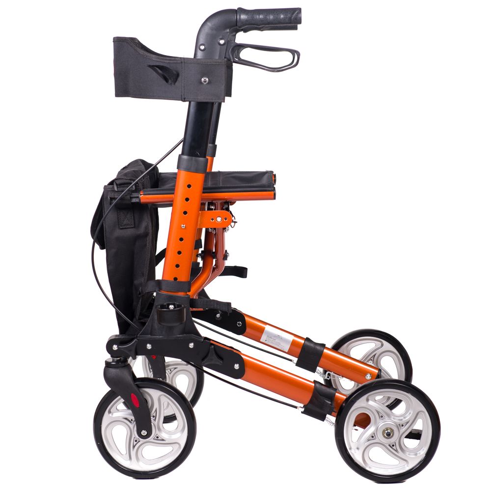 Orange Aluminium Rollator mit Sitz, Griffen und Rädern.