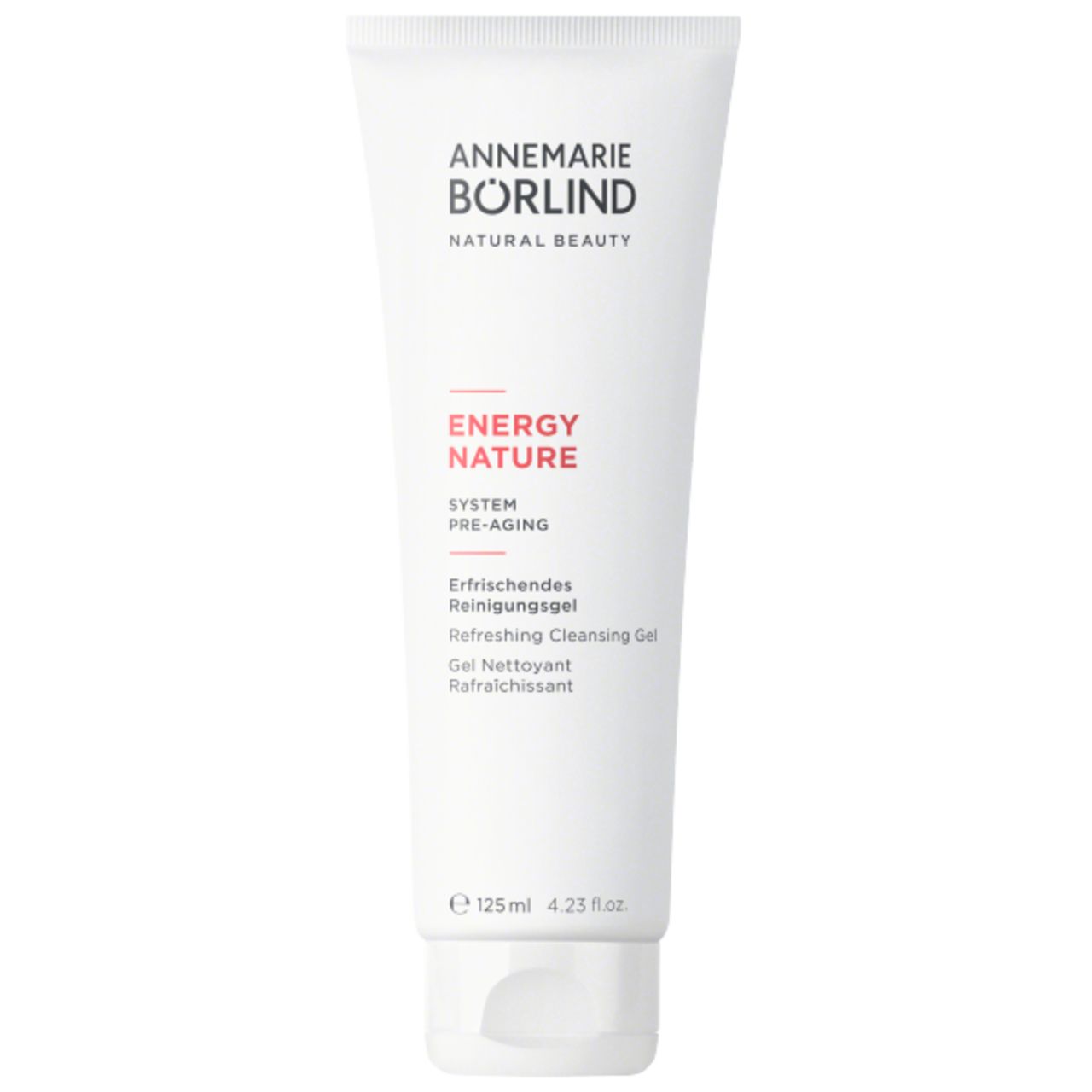 Weisse Tube mit roter Schrift. Enthält Reinigungsgel. Marke: ANNEMARIE BÖRLIND. Text: ENERGY NATURE, 125ml.