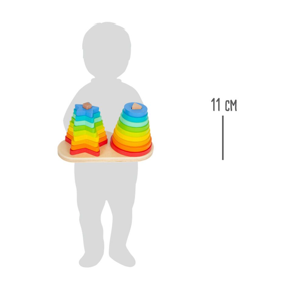 Kind hält Holz-Steckspiel mit Stern- und Ringformen. Die Höhe des Spiels wird mit 11 cm angegeben. Regenbogenfarben.