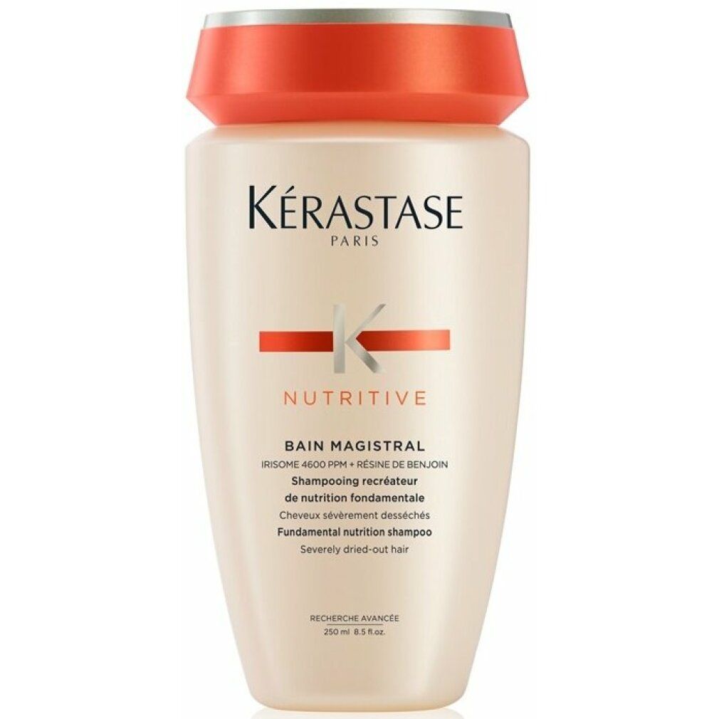 Kerastase Nutritive Bain Magistral Shampoo. Beige Flasche mit rotem Deckel. Schriftzug und Logo. Für stark ausgetrocknetes Haar.