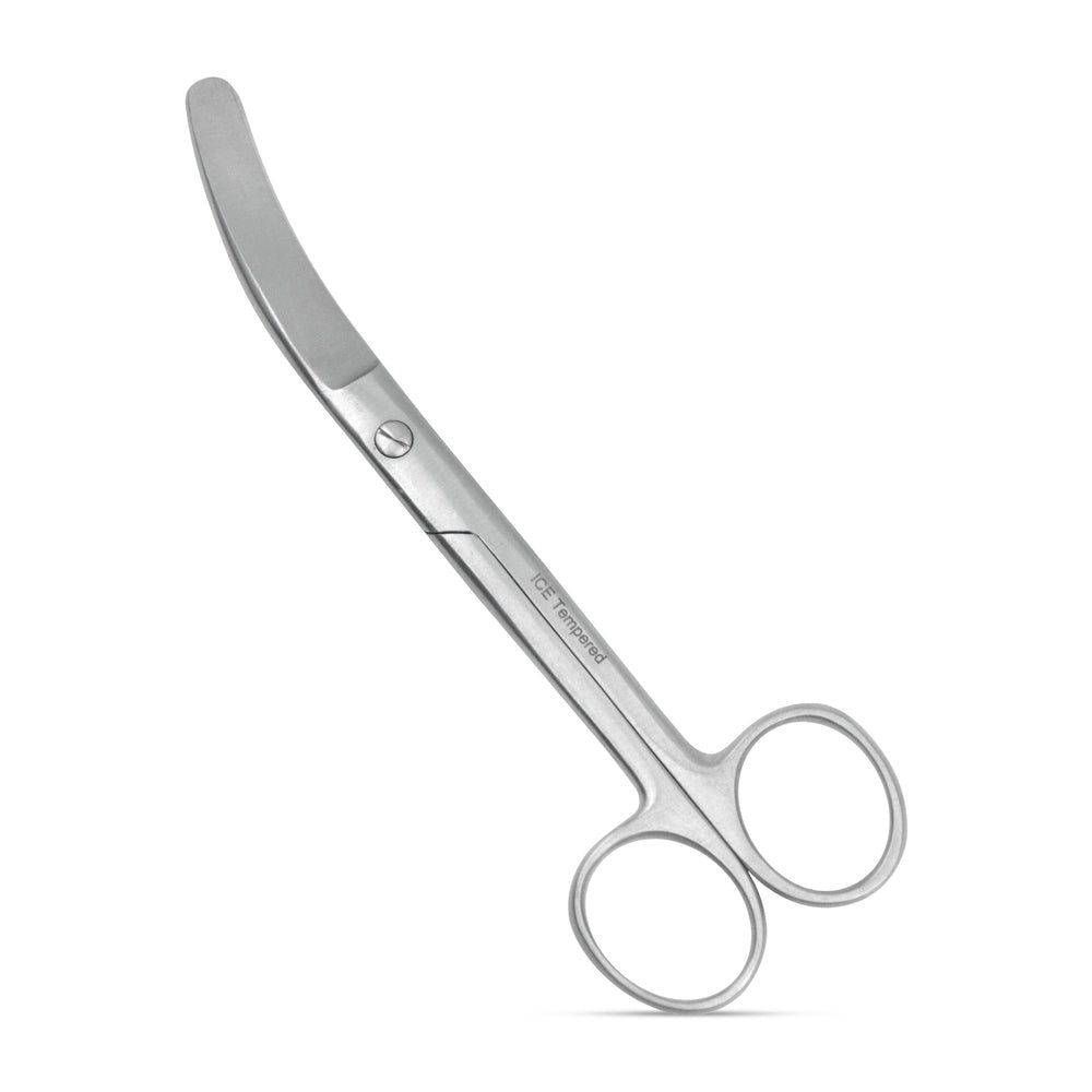 Gebogene Verbandsschere aus Edelstahl mit zwei Griffschlaufen und einer Schraubverbindung.