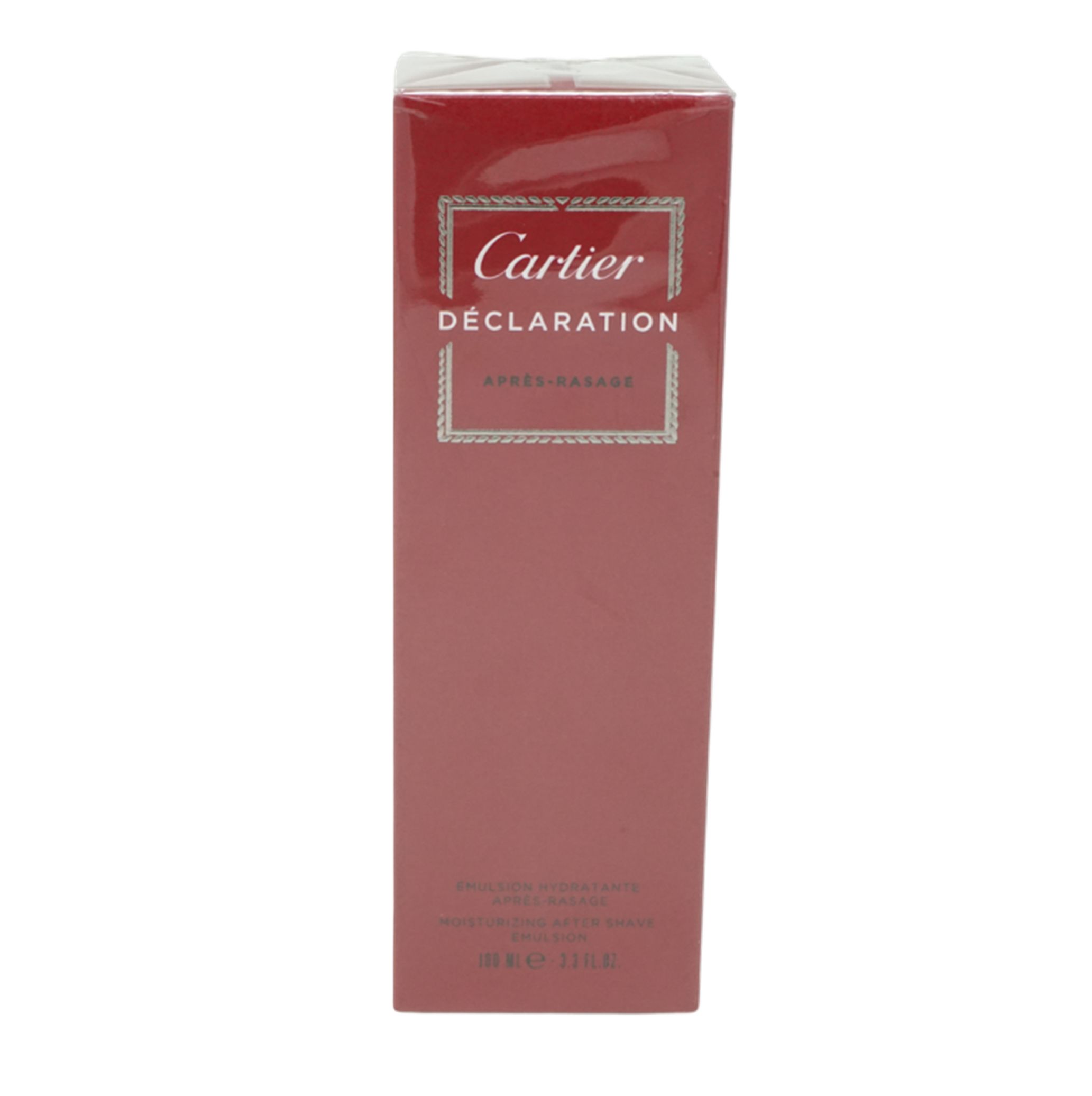 Rote Verpackung mit Cartier-Logo und Produktbezeichnung. Silberne Umrandung. Text: DÉCLARATION APRÈS-RASAGE.