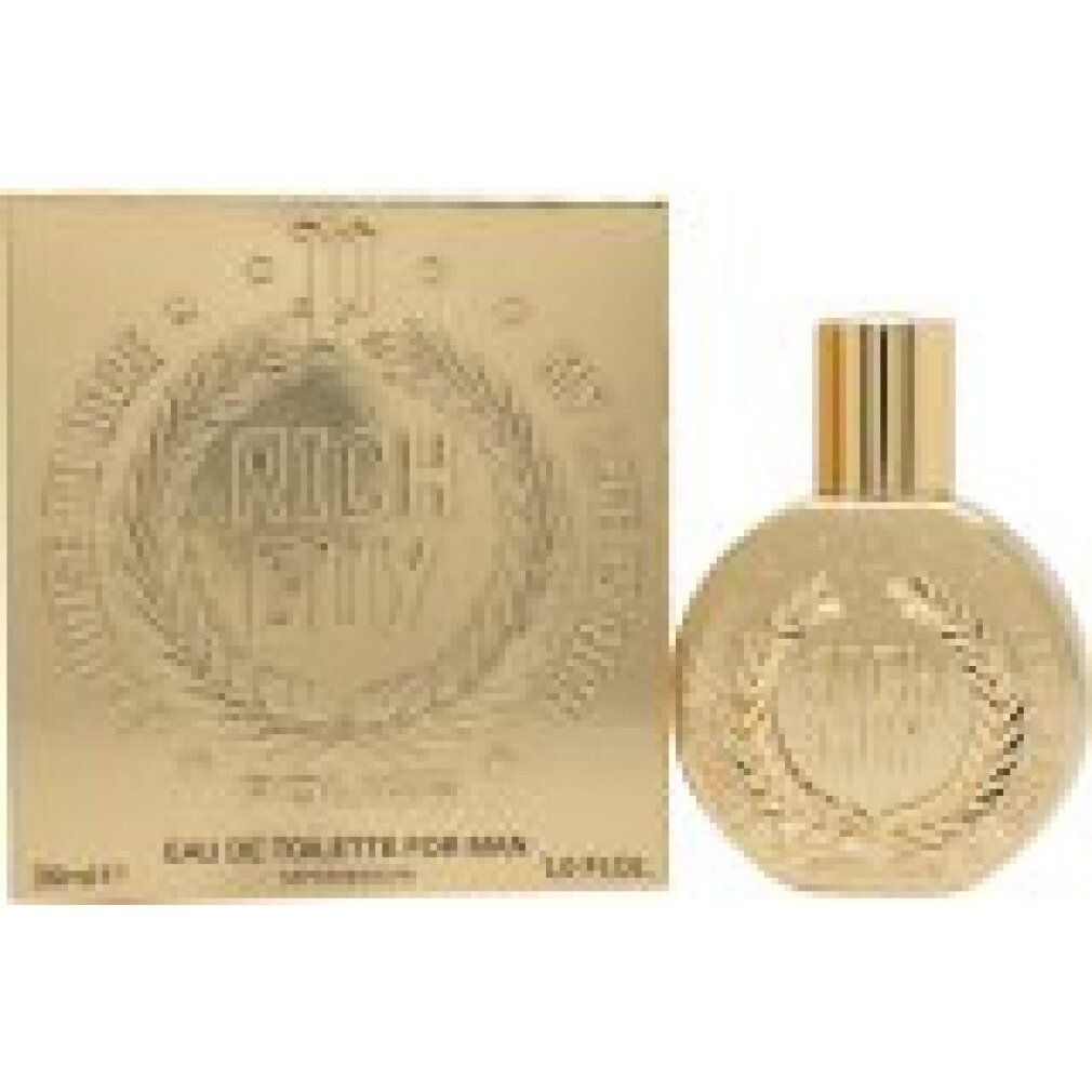 Goldfarbener Flakon und Verpackung. Aufschrift RICH GUY, umrahmt von Lorbeerzweigen. Text: EAU DE TOILETTE FOR MAN. POLICE.