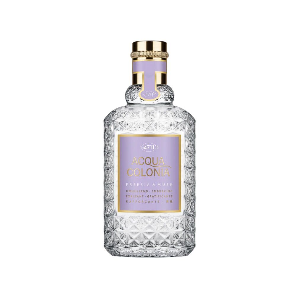 Glasflasche mit 4711 Acqua Colonia Freesia & Musk Eau de Cologne, goldener Verschluss.