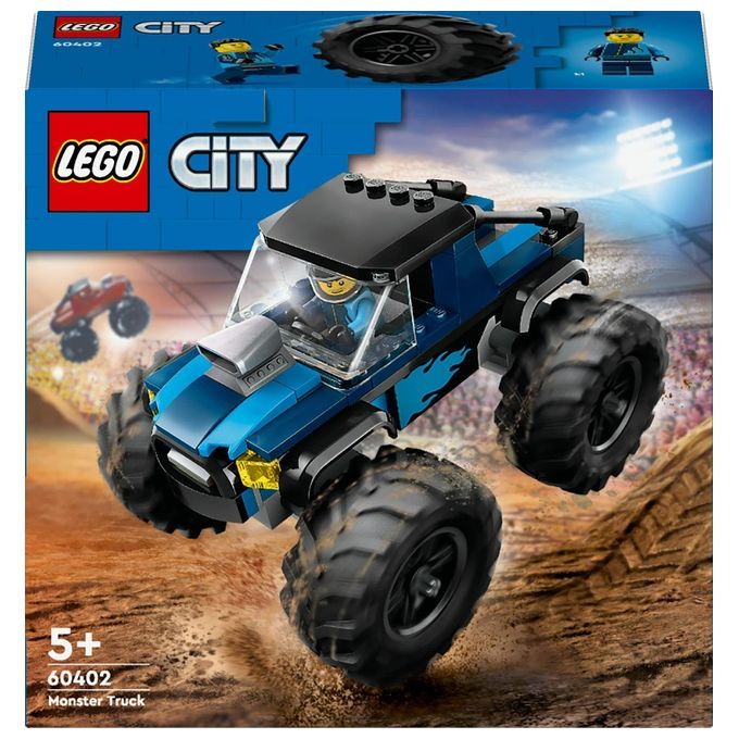 Set LEGO City 60402 Monster Truck. Il fuoristrada blu con pneumatici neri e tetto è adatto a bambini dai 5 anni in su. La confezione mostra il camion in azione su una pista da corsa.