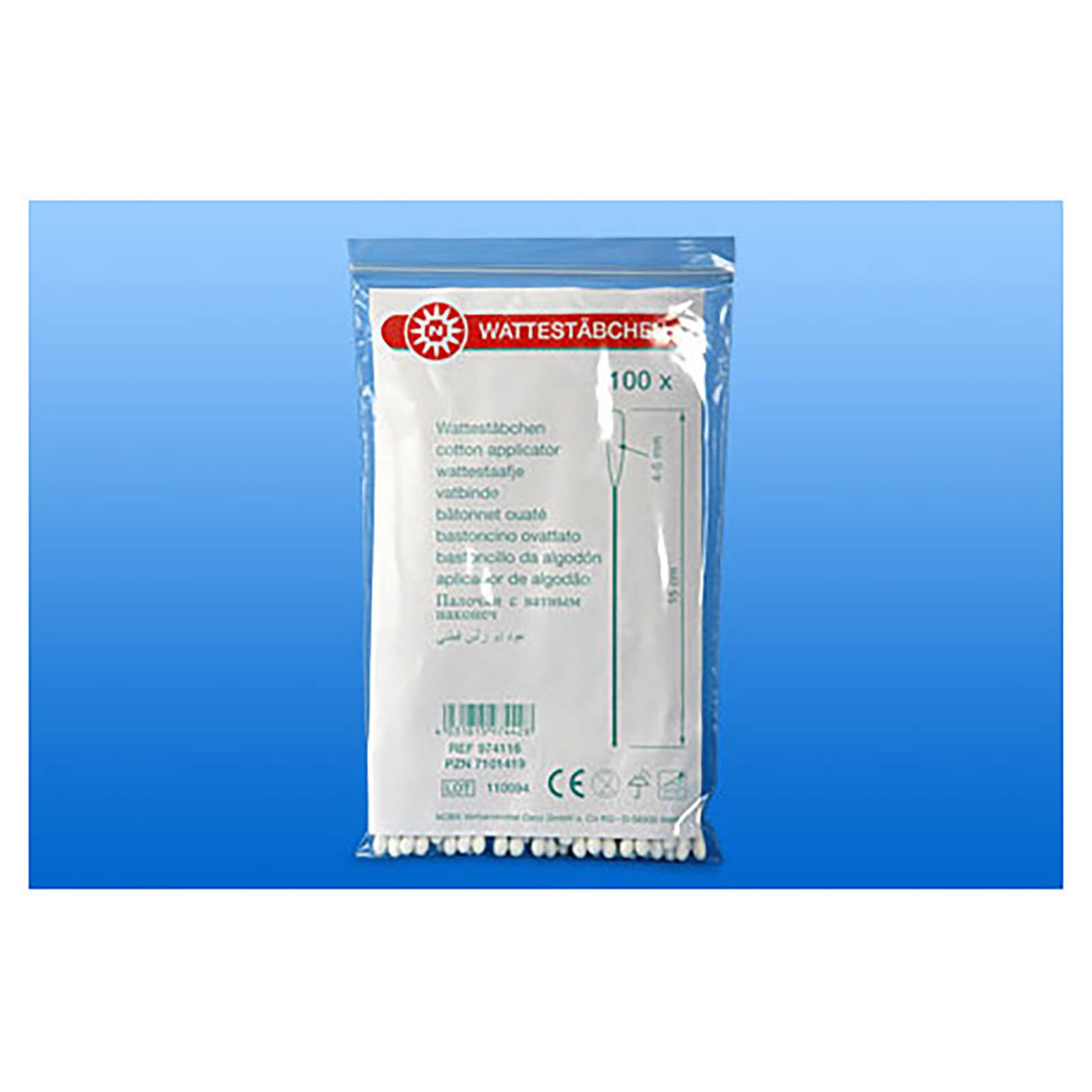 Verpackung mit Wattestäbchen. Klarsichtbeutel mit Produkt und Text. 100 Stück. CE-Kennzeichnung.