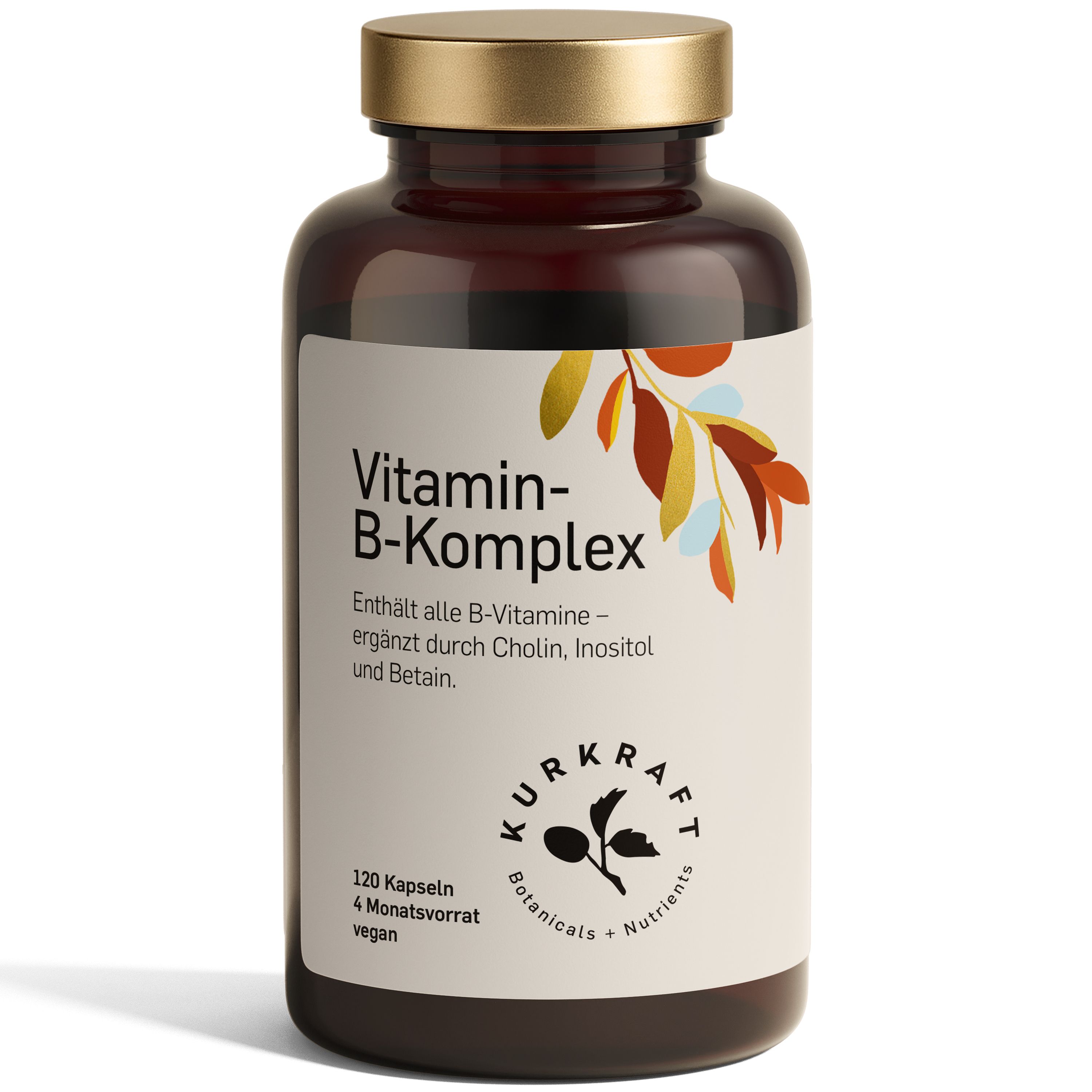 Braune Glasflasche mit goldfarbenem Deckel. Etikett mit Produktnamen und Logo. Enthält 120 Kapseln. Vegan.
