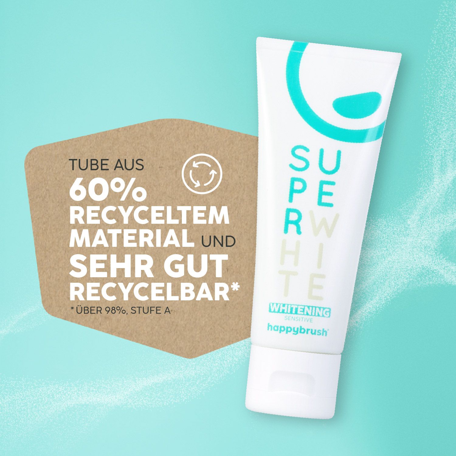 Zahnpasta-Tube mit Text: Tube aus 60% recyceltem Material und sehr gut recycelbar. Über 98%, Stufe A.