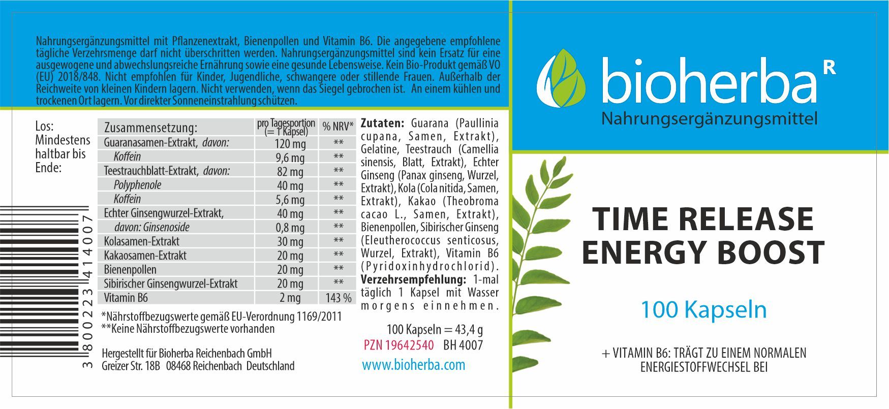 Bioherba Time Release Energy Boost 100 Kapseln