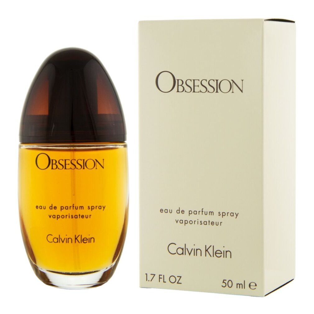 Parfümflasche und Schachtel. Aufschrift: Obsession, Eau de Parfum Spray, Calvin Klein. Flasche: 50 ml, 1.7 FL OZ.