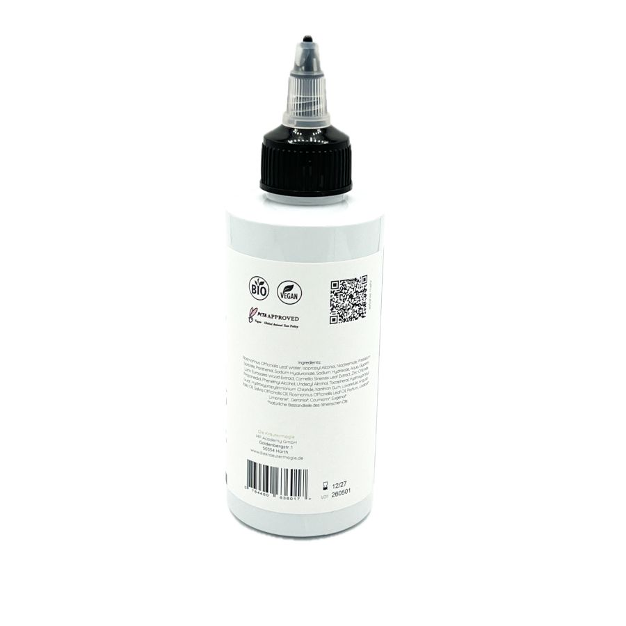Flasche mit Applikator-Verschluss. Zeigt Bio- und Vegan-Siegel sowie QR-Code.
