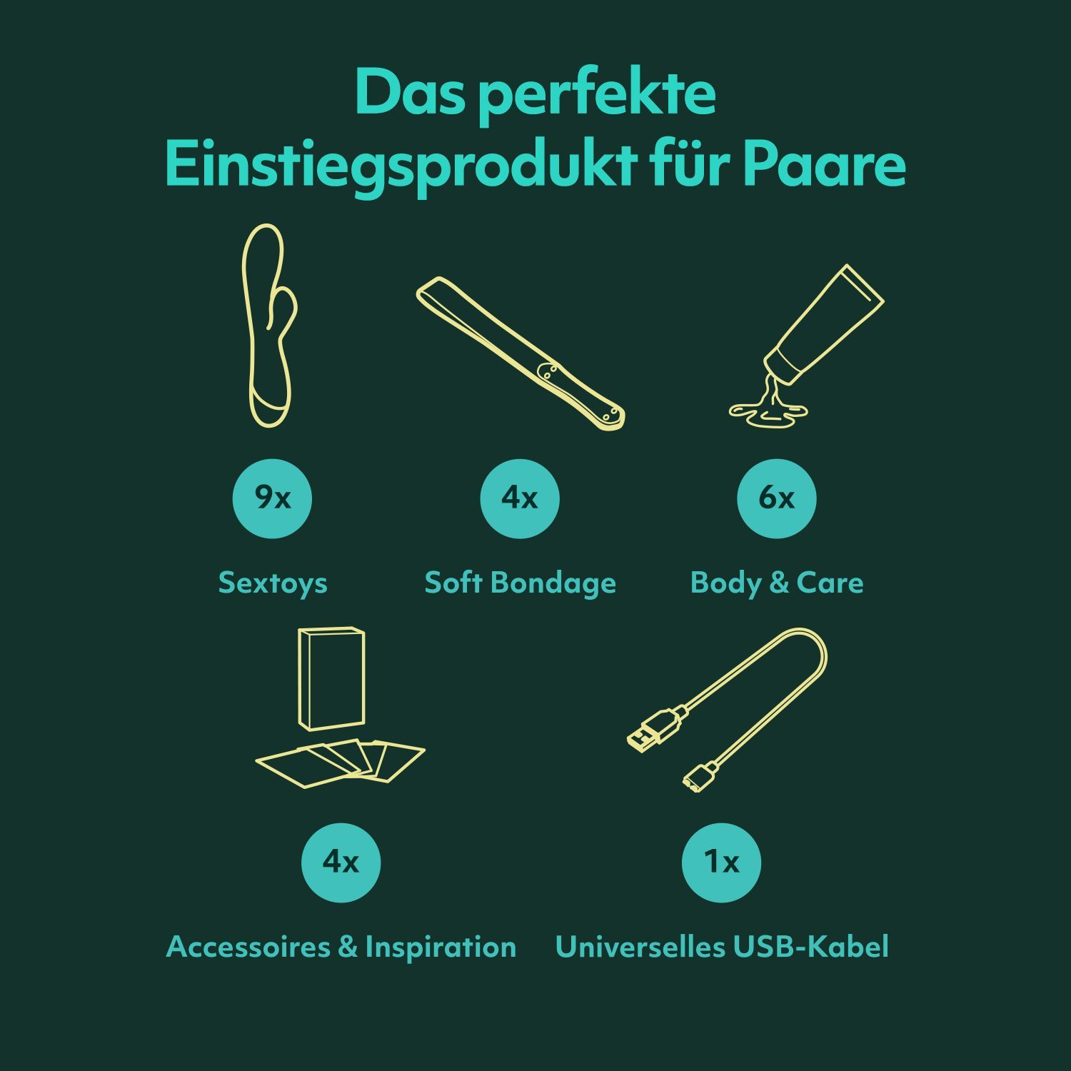 Übersicht der Kalenderinhalte: Sextoys, Soft Bondage, Body & Care, Accessoires, USB-Kabel.
