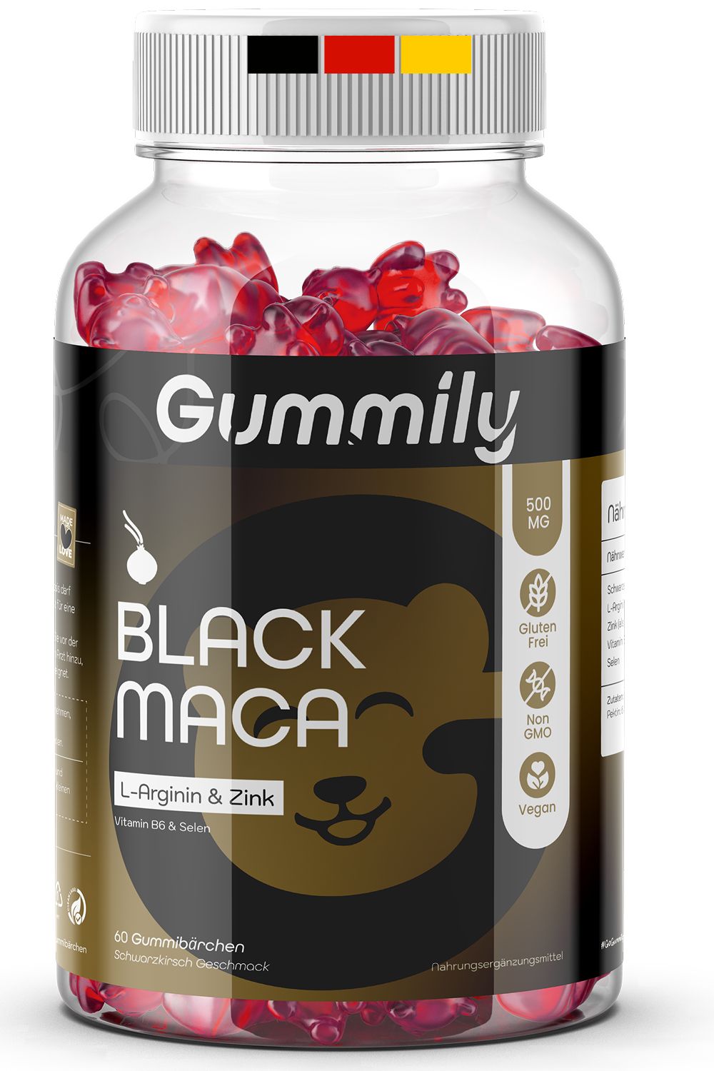 Gummily Black Maca Gummibärchen in einem transparenten Behälter mit schwarzem Etikett.