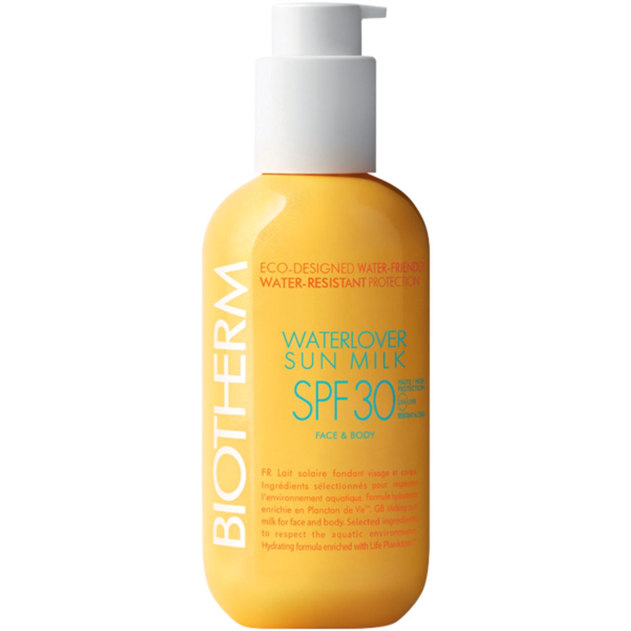 Gelbe Flasche mit weißem Pumpverschluss. Aufschrift: BIOTHERM Waterlover Sun Milk SPF30. 200ml.
