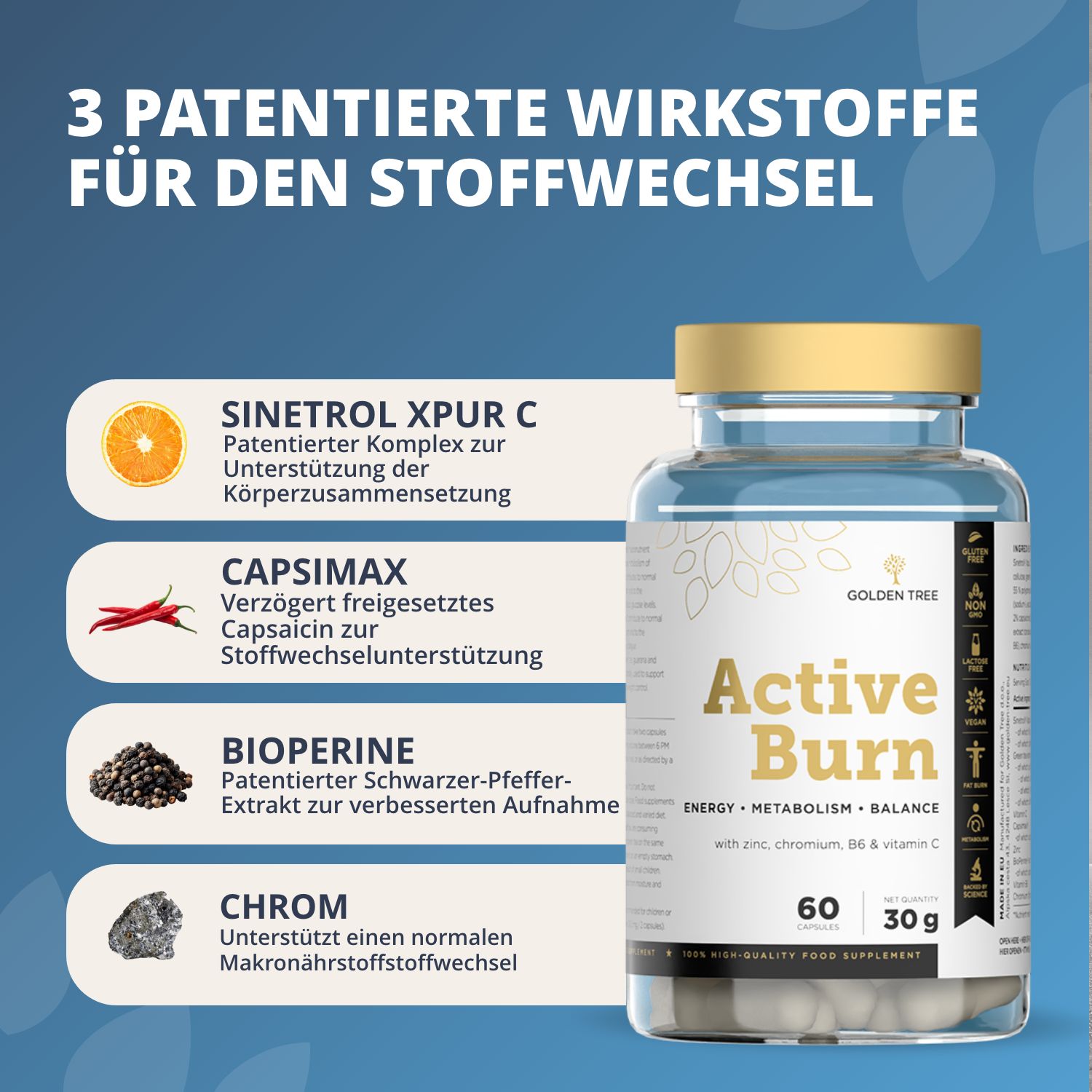 Flasche Golden Tree Active Burn mit Informationen zu patentierten Wirkstoffen.