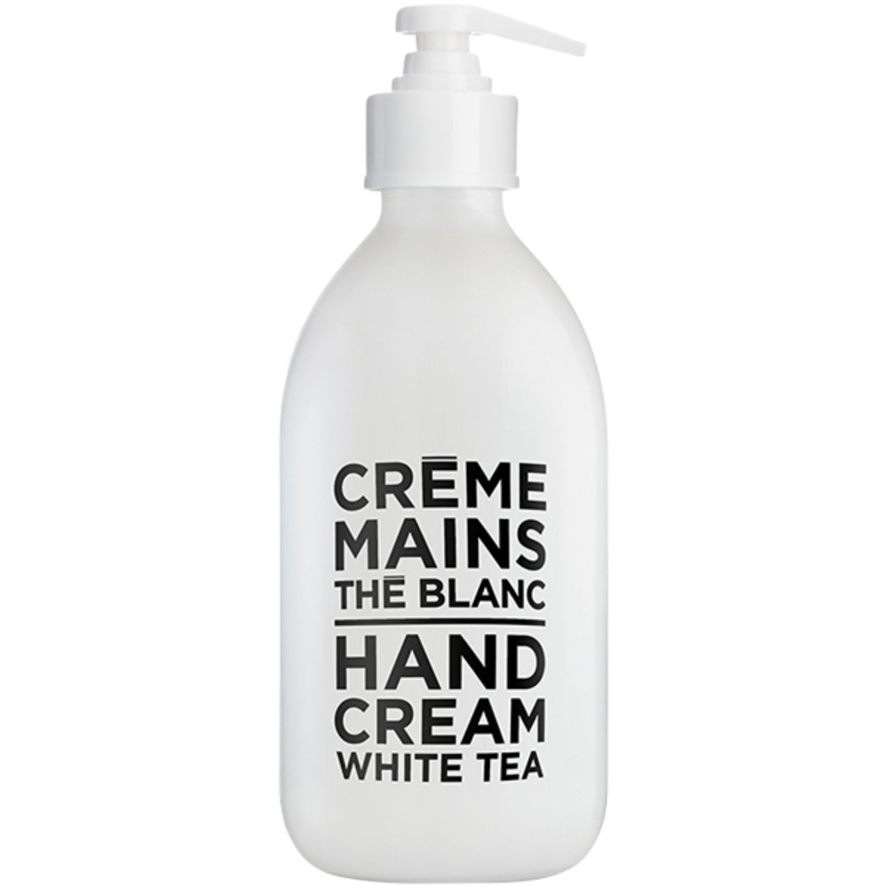 Weiße Handcreme-Flasche mit Pumpverschluss. Schwarzer Text: Crème Mains, The Blanc, Hand Cream, White Tea.