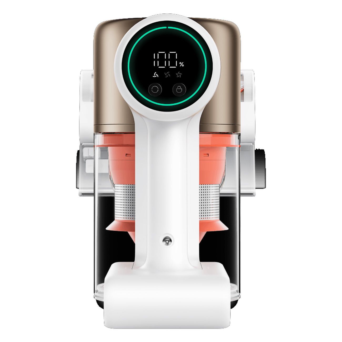 Staubsauger-Handteil, weiß und goldfarben. Mit Display und Behälter.