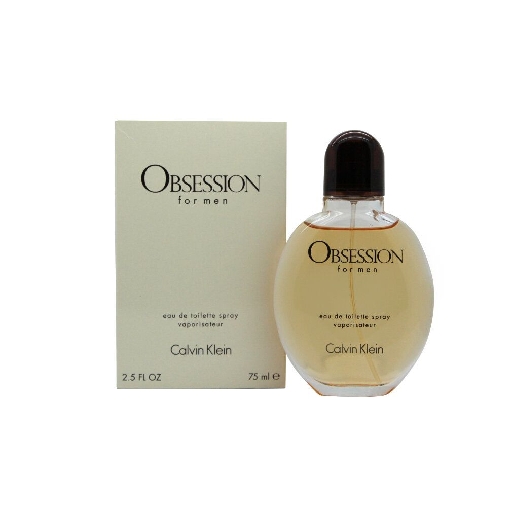 Flakon und Verpackung. Flakon rund, brauner Verschluss. Verpackung weiß. Aufschrift: Obsession for men, Calvin Klein.