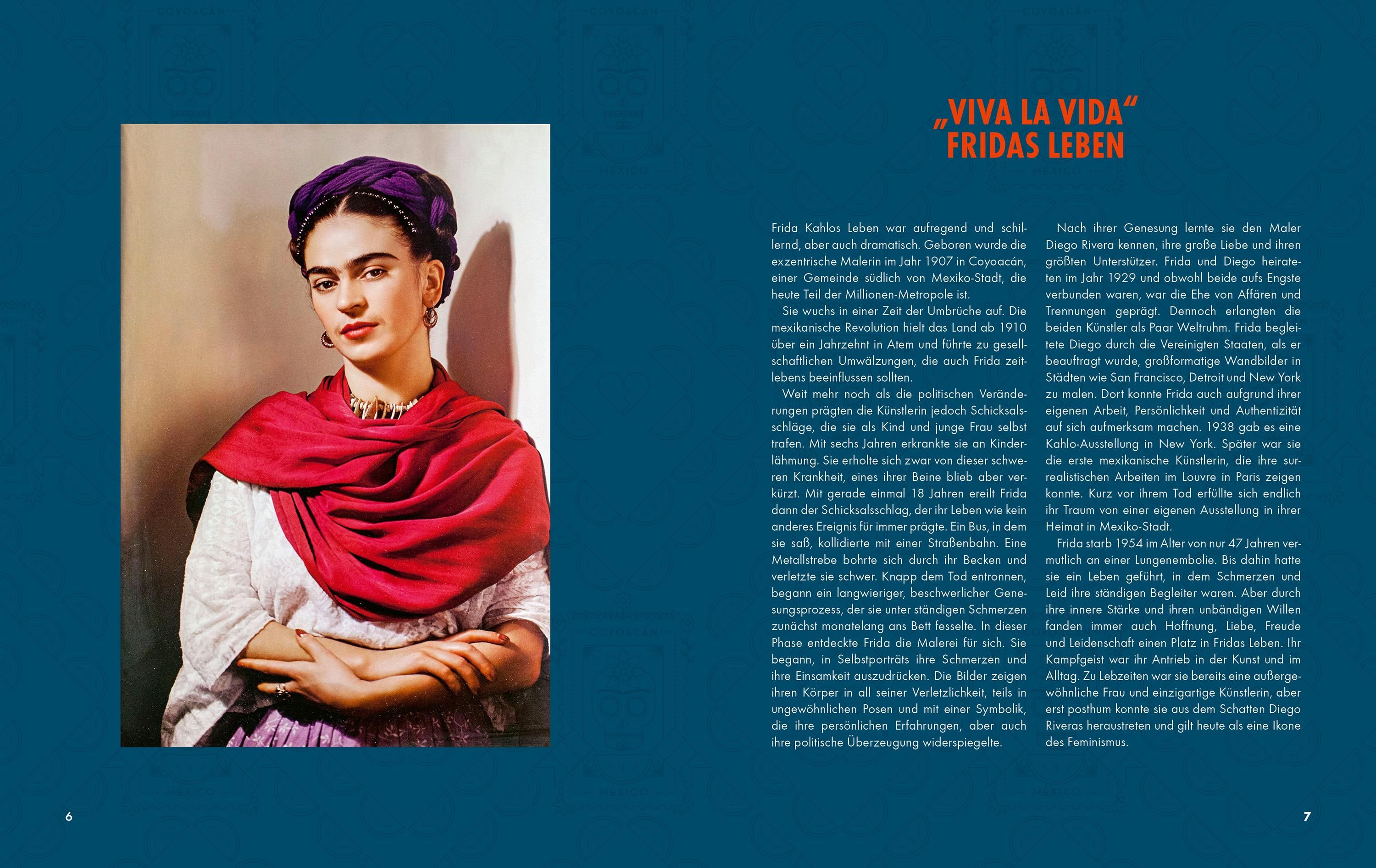 Buchinnenseite mit Text und einem Porträt von Frida Kahlo. Titel: "Viva la Vida".