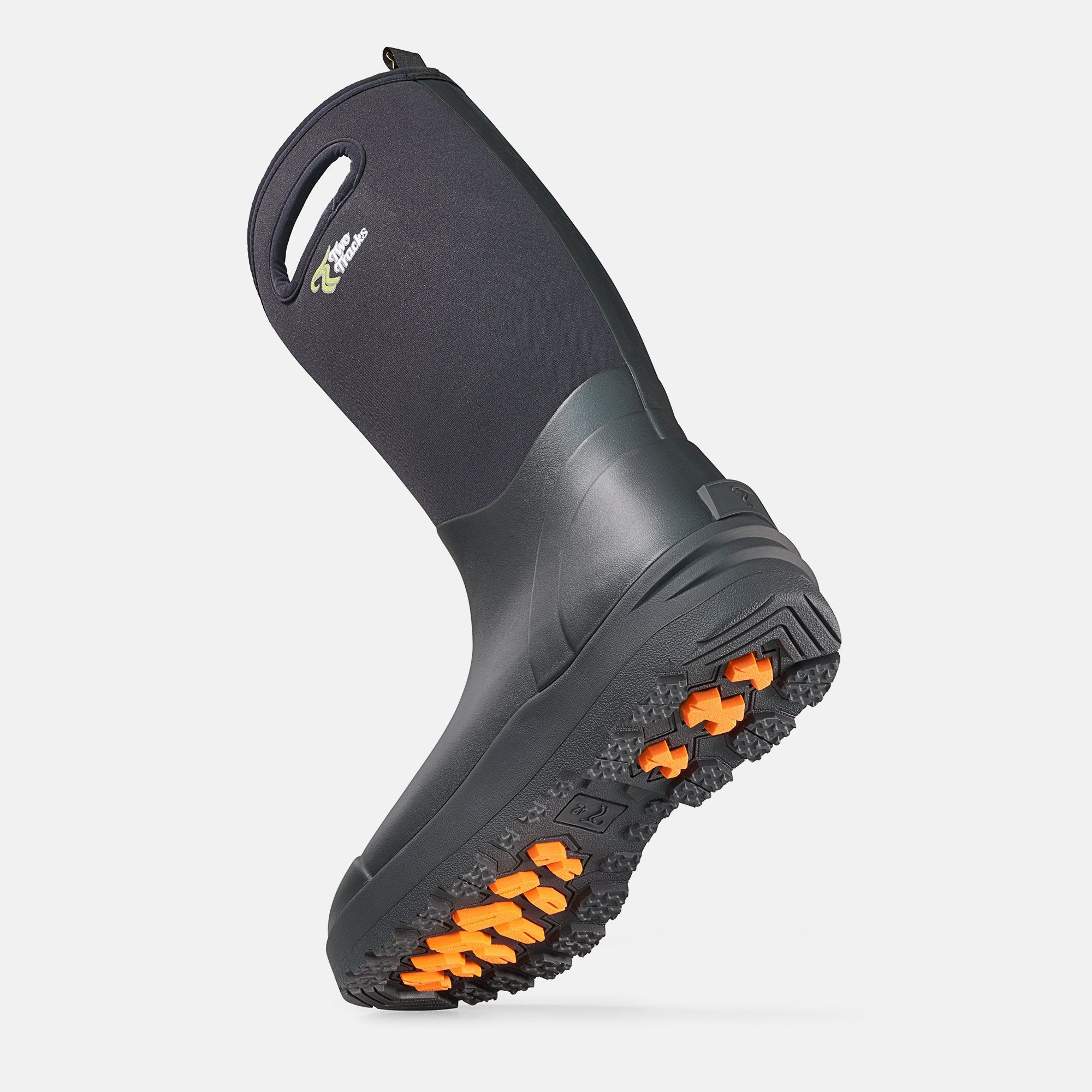 Schwarzer Stiefel, breite Passform. Gummi- und Neoprenmaterial. Griffige Sohle. Logo auf der Seite.