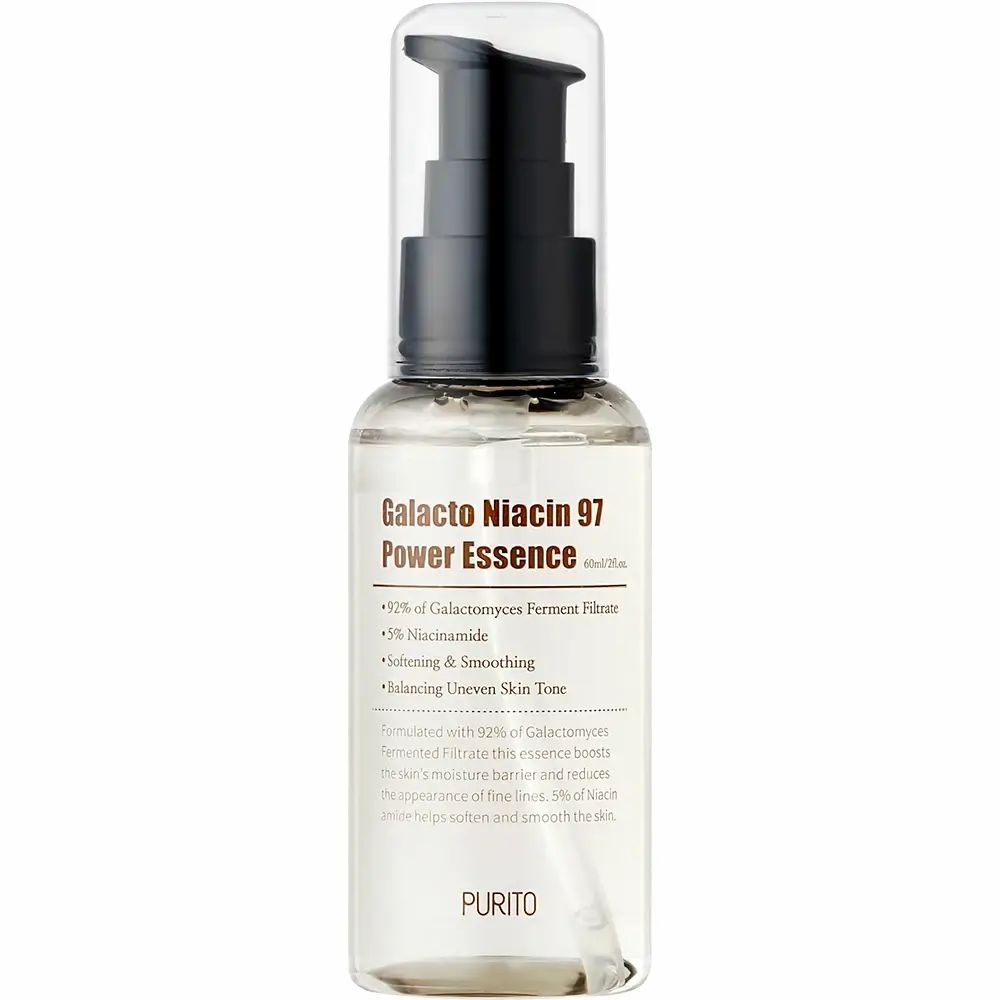 Klare Flasche mit schwarzem Pumpverschluss. Aufschrift: Galacto Niacin 97 Power Essence. Enthält 5% Niacinamid. Marke: PURITO.