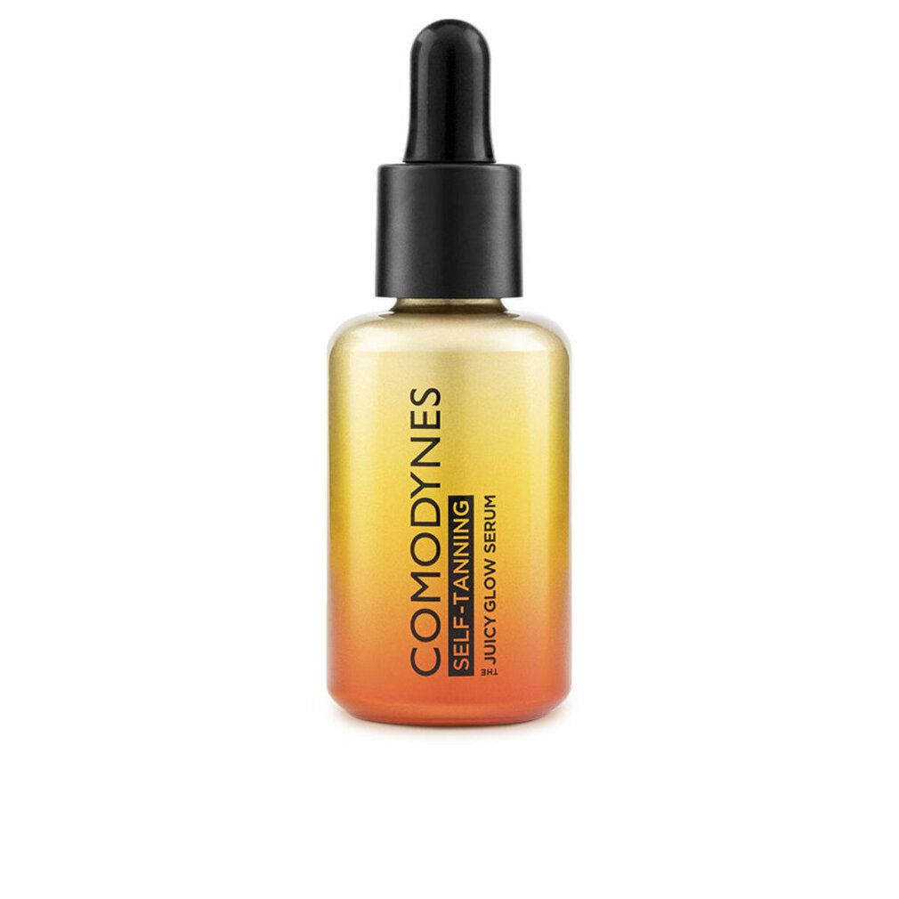 Flasche mit Selbstbräunungsserum. Farbverlauf von Orange nach Gelb. Schwarze Pipette. Aufschrift: COMODYNES, SELF-TANNING, JUICY GLOW SERUM.
