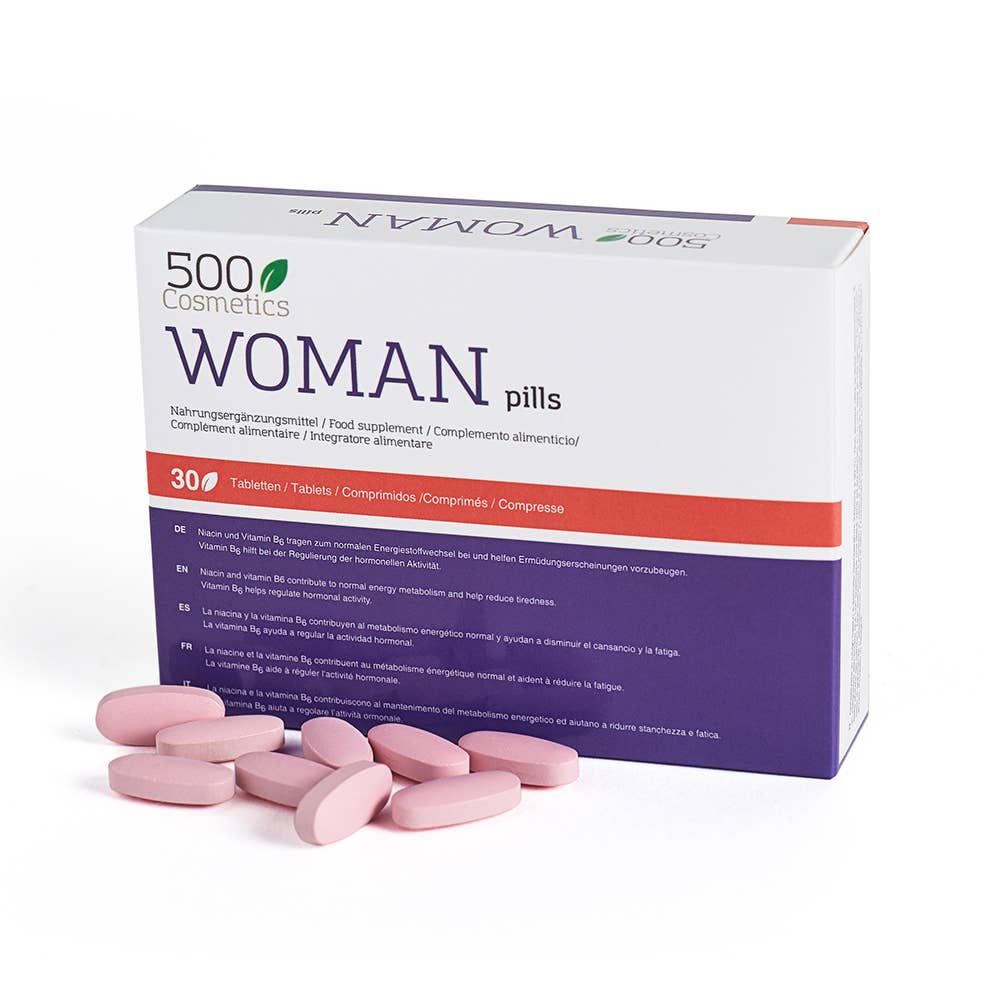 Produktverpackung mit Tabletten. Aufschrift: "500 WOMAN pills". 30 Tabletten. Lila Tabletten.