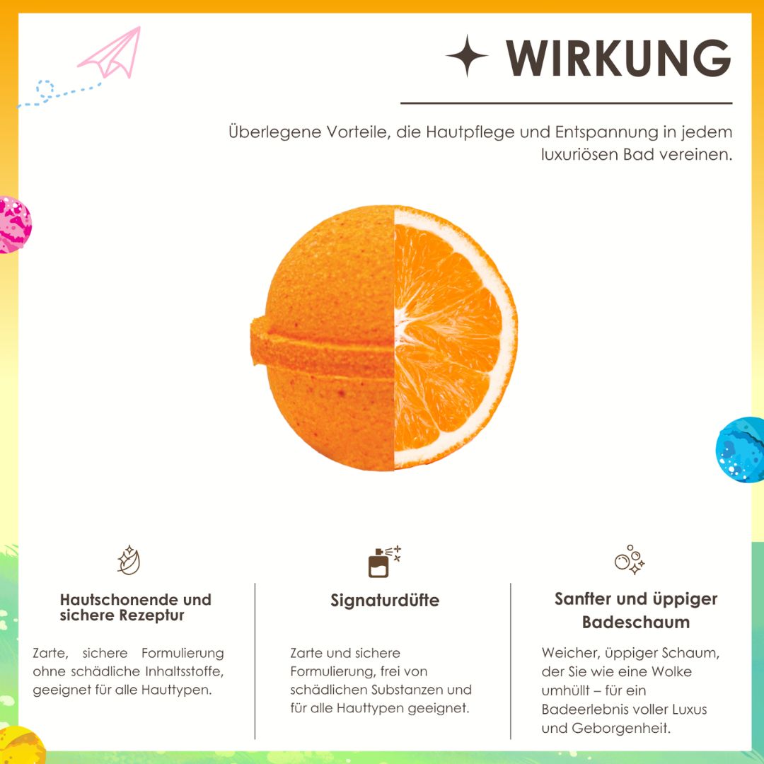 Grafik mit Wirkung: Orange, geteilt. Text: Hautschonende Rezeptur, Signaturdüfte, üppiger Badeschaum.