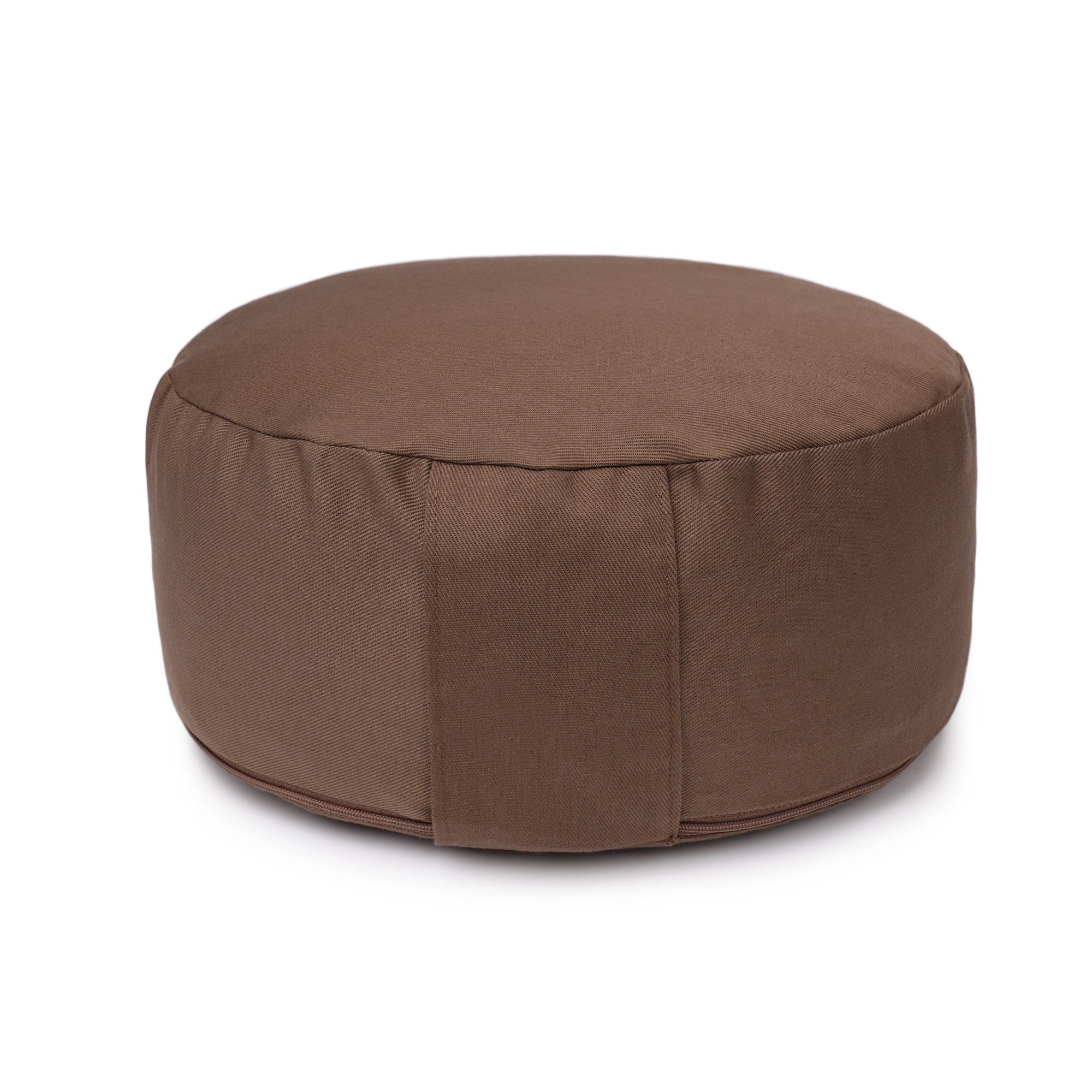 Braunes Yogakissen, rund, mit Reißverschluss. Klassisches Design.