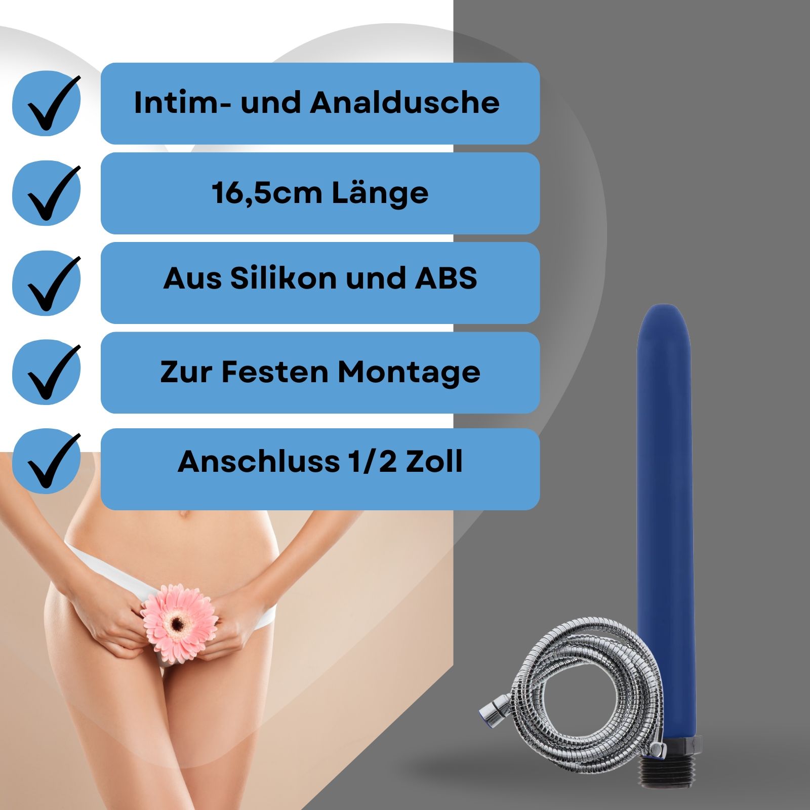 Intim- und Analdusche, 16,5 cm lang, aus Silikon und ABS. Für feste Montage.