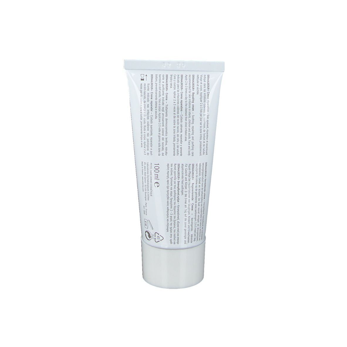 Rückseite einer weißen Tube. Text in mehreren Sprachen. Enthält 100 ml. Verschiedene Symbole und Informationen.