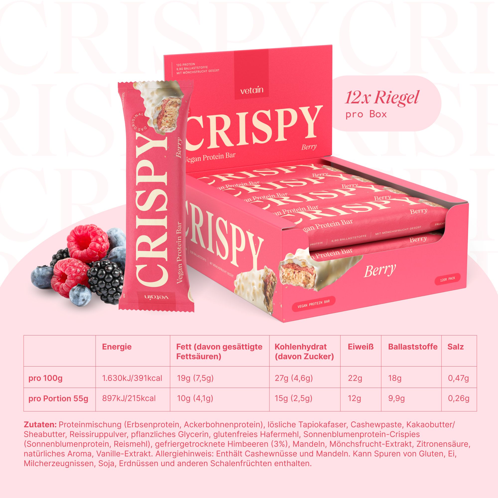Verpackung mit 12 Proteinriegeln. Einzelne Riegel mit Aufdruck: CRISPY, Vegan Protein Bar, Berry. Nährwerttabelle: Energie, Fett, Kohlenhydrate, Eiweiß, Ballaststoffe, Salz. Zutatenliste.