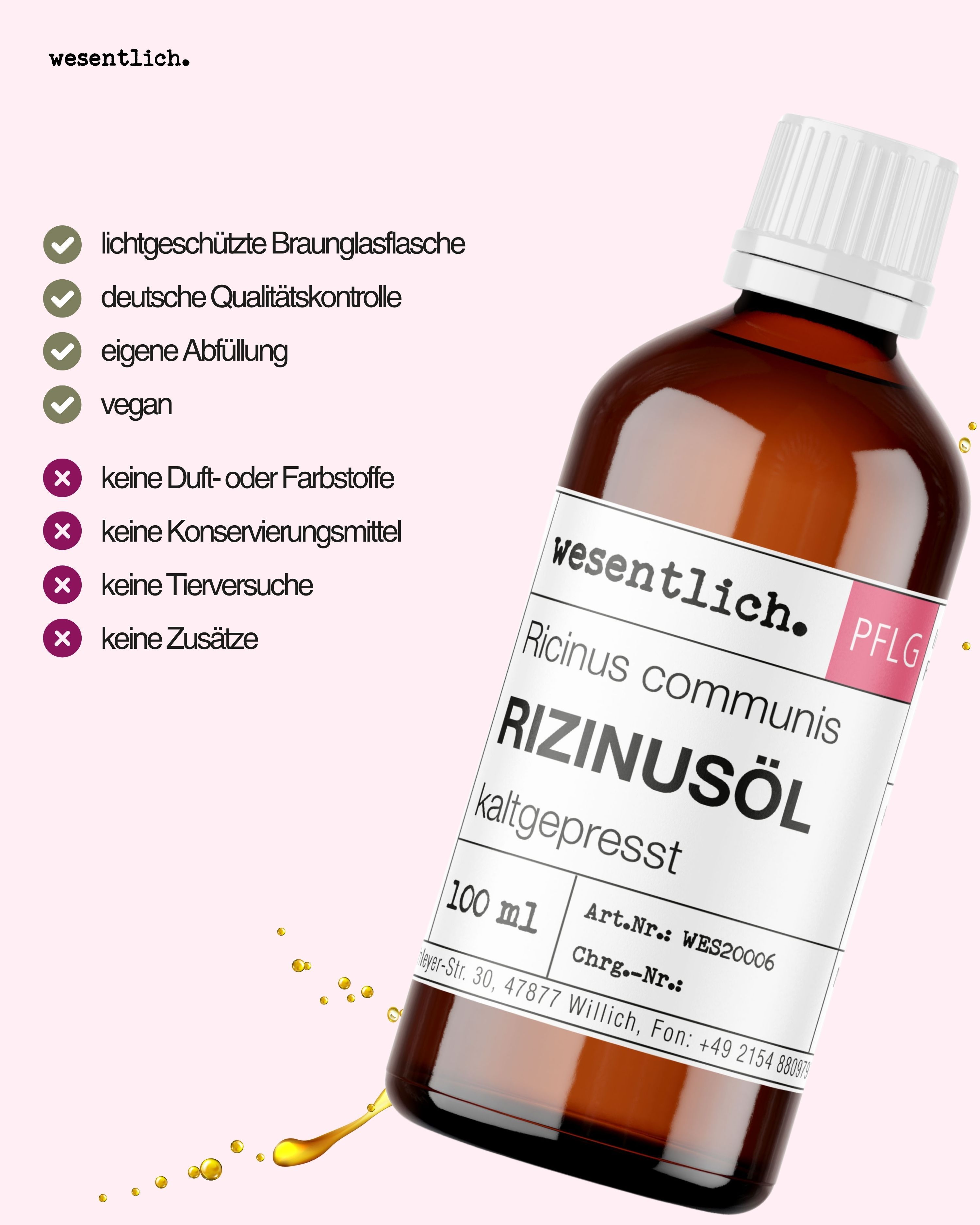 Flasche Rizinusöl mit Liste von Vorteilen (grüne Häkchen) und Ausschlusskriterien (rote Kreuze).