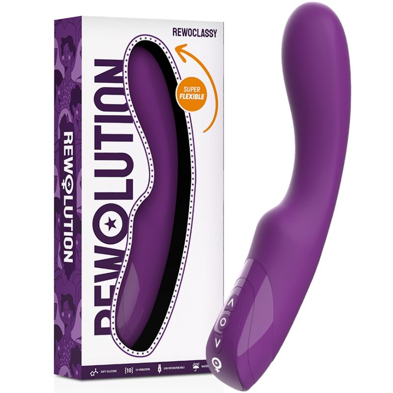 Produktverpackung mit lila Vibrator. Text: REWOLUTION, REWOCLASSY, SUPER FLEXIBLE. Box mit Illustrationen.