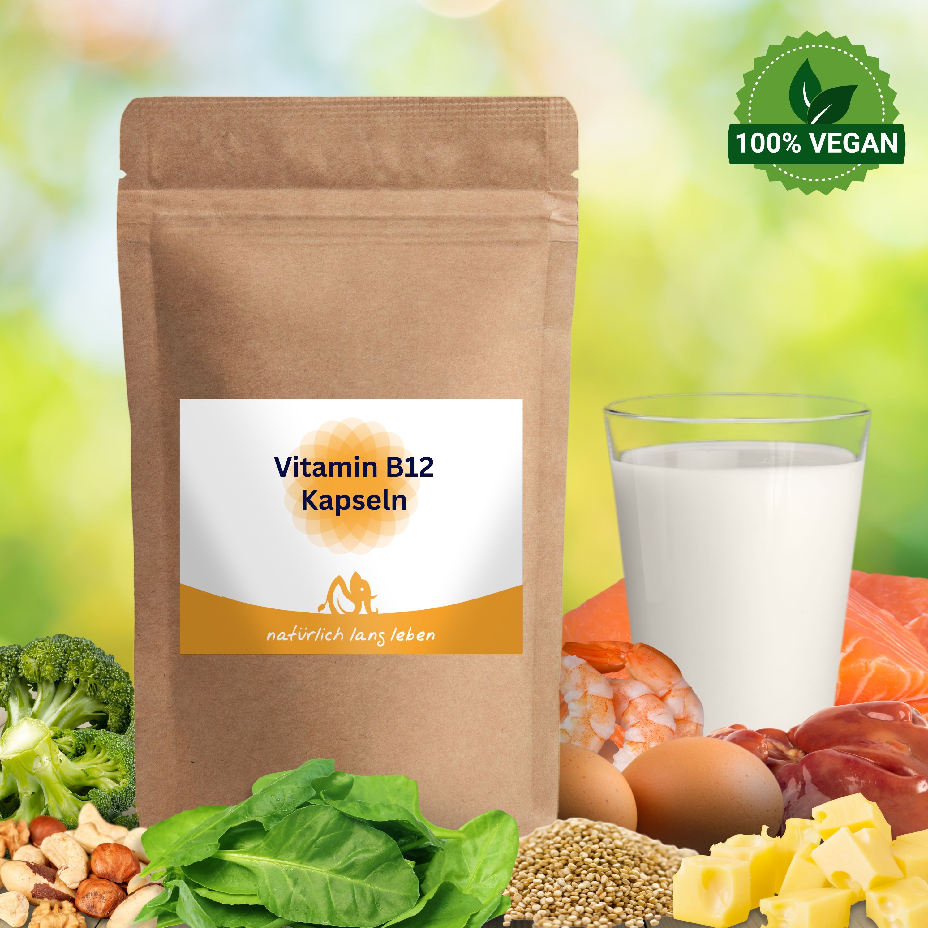 Braune Tüte mit Etikett: Vitamin B12 Kapseln. Logo: natürlich lang leben. 100% Vegan-Siegel. Lebensmittel: Gemüse, Eier, Milch, Fisch.
