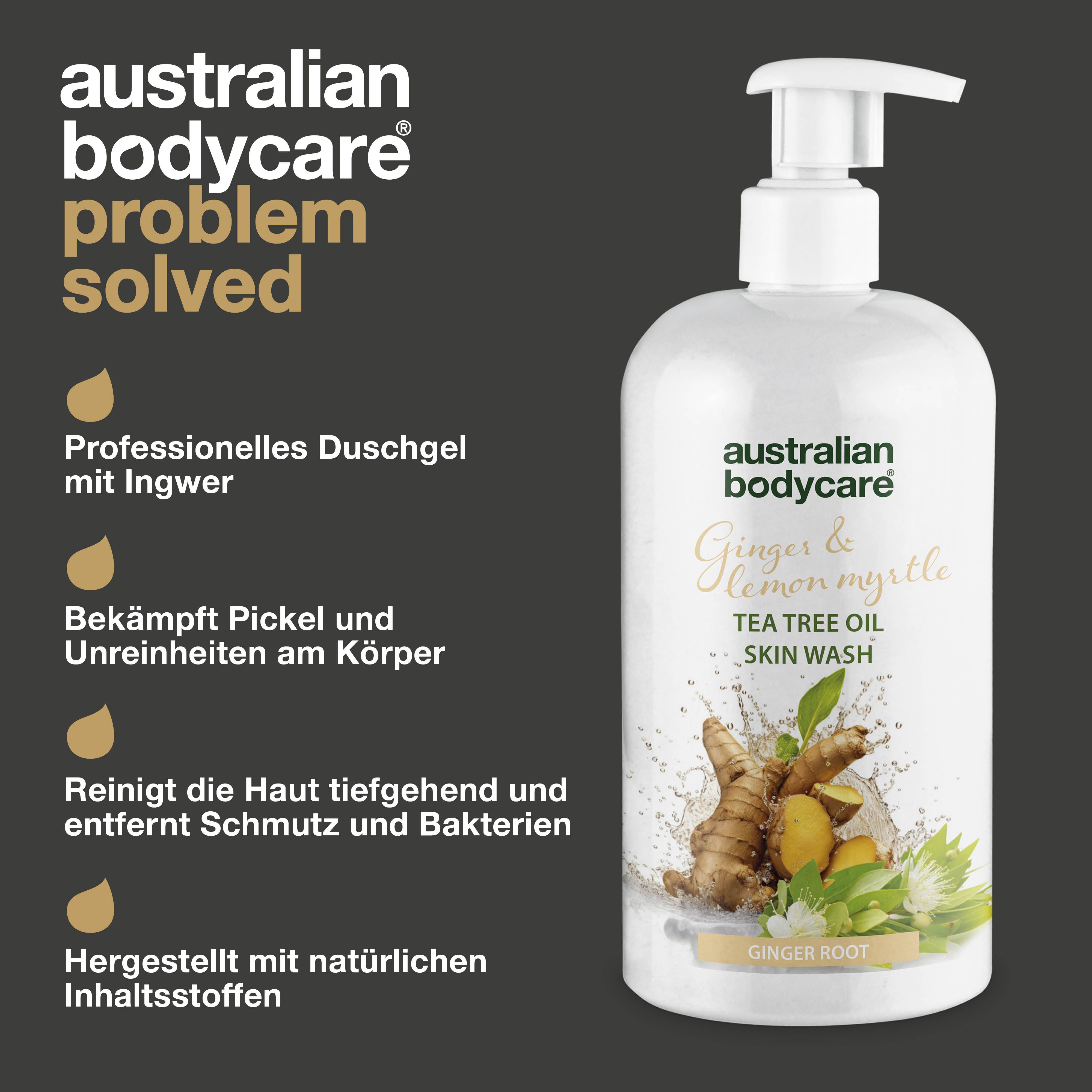 Produktflasche. Text: Problem solved. Aufschrift: Australian Bodycare, Ginger & Lemon Myrtle, Tea Tree Oil Skin Wash.