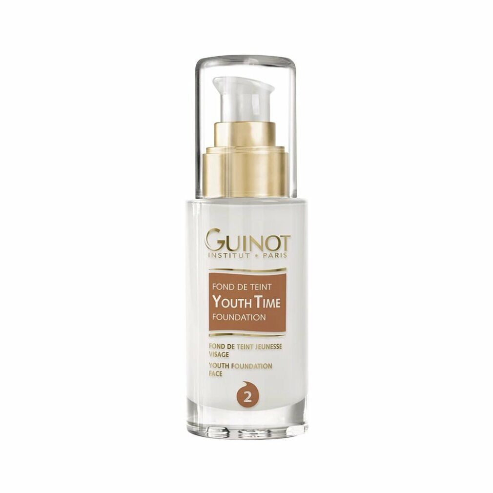 Guinot Youth Time Foundation Nr. 2 Flasche mit Pumpe. Klarer Behälter, goldfarbener Deckel. Aufschrift: Youth Time Foundation.