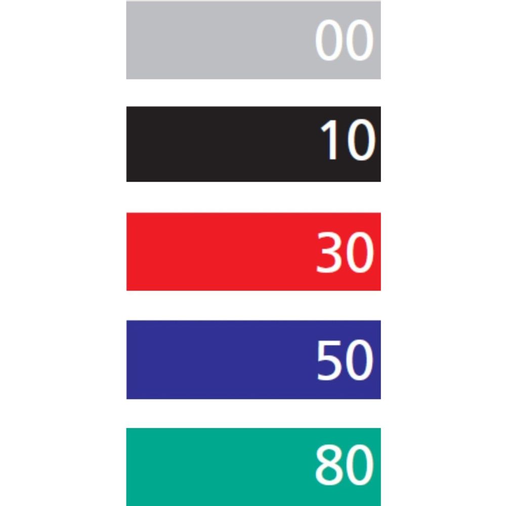Farbpalette mit fünf Rechtecken: Grau (00), Schwarz (10), Rot (30), Blau (50), Grün (80).