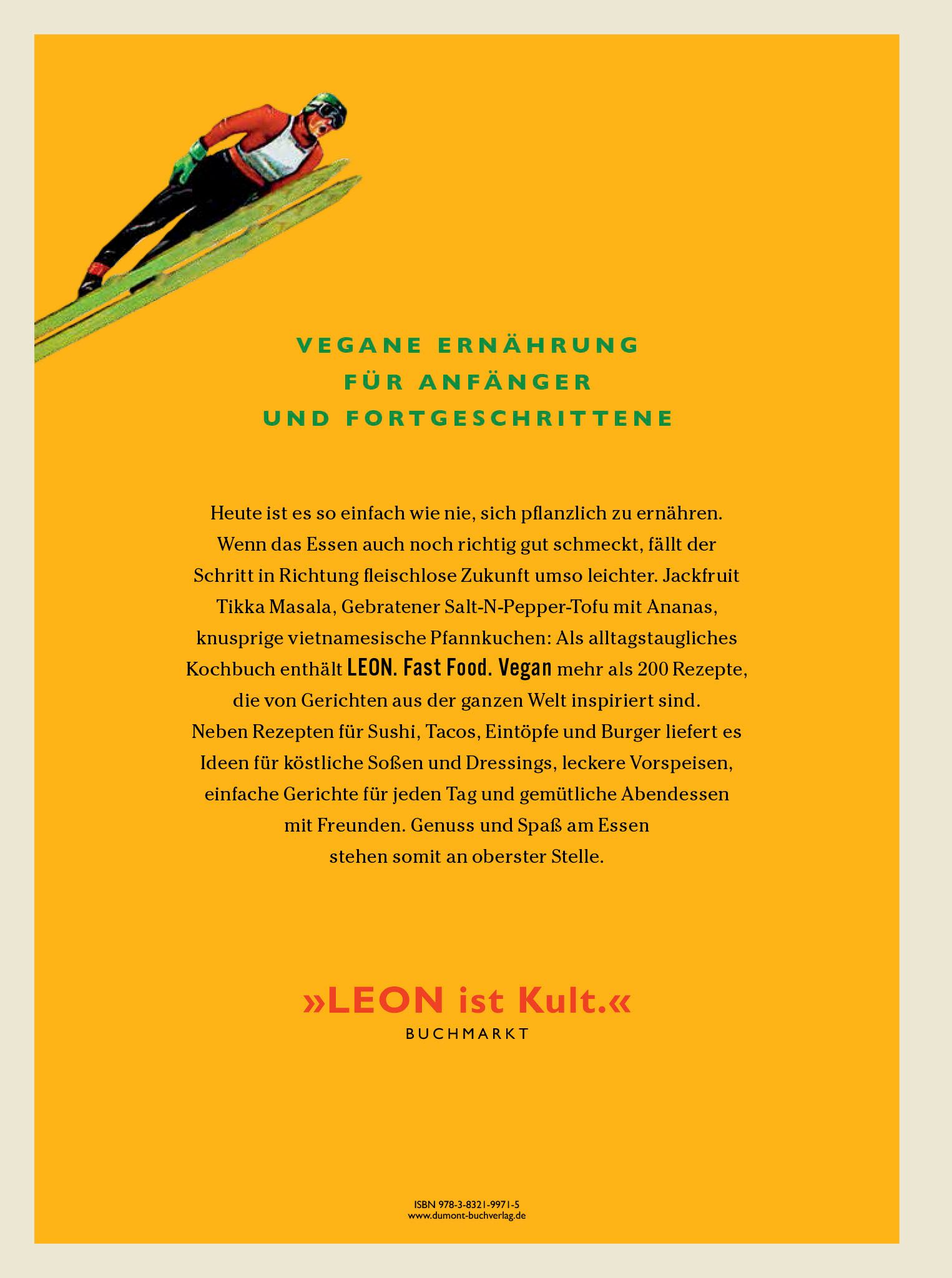 Rückseite des Buches LEON. Text über vegane Ernährung für Anfänger und Fortgeschrittene. Gelber Hintergrund.