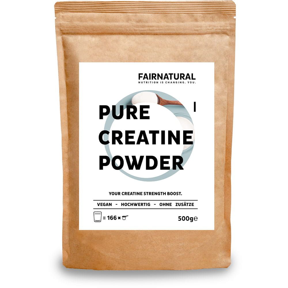 FAIRNATURAL Kreatin Pulver Monohydrat 500g Packung mit Detailansicht des Etiketts.
