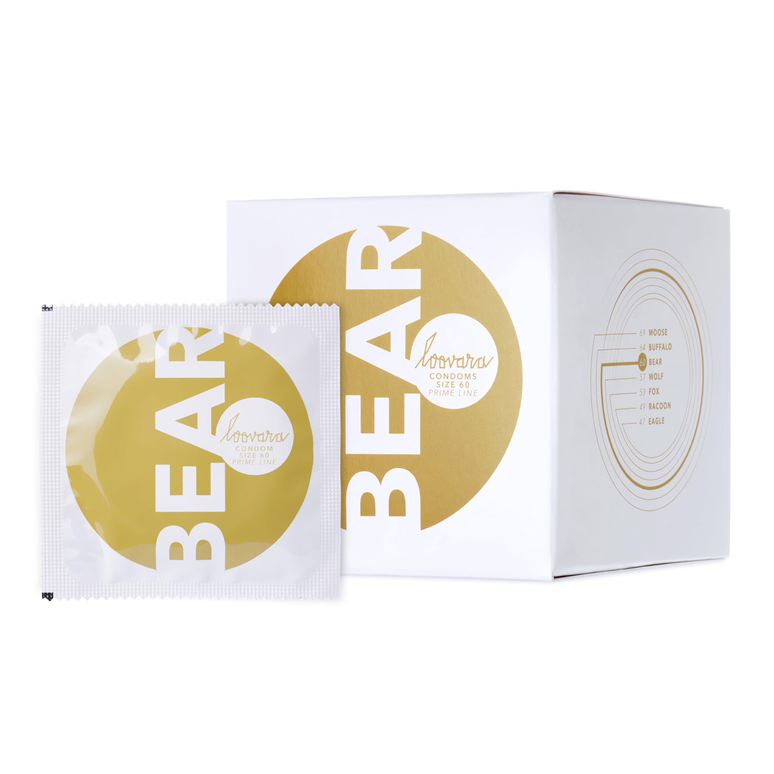 Verpackung und einzelnes Kondom der Größe 60 'Bear'.