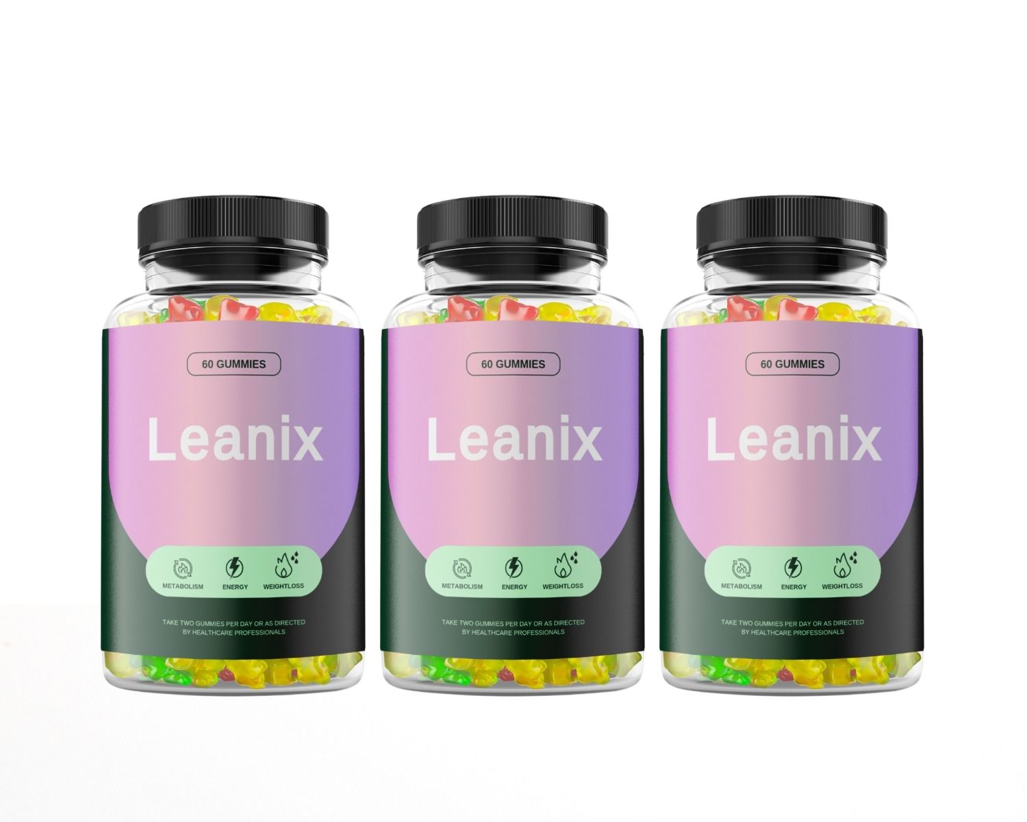 Drei Glasflaschen mit bunten Gummibärchen. Aufschrift "Leanix" und "60 Gummies". Etikett mit Logos und Text.