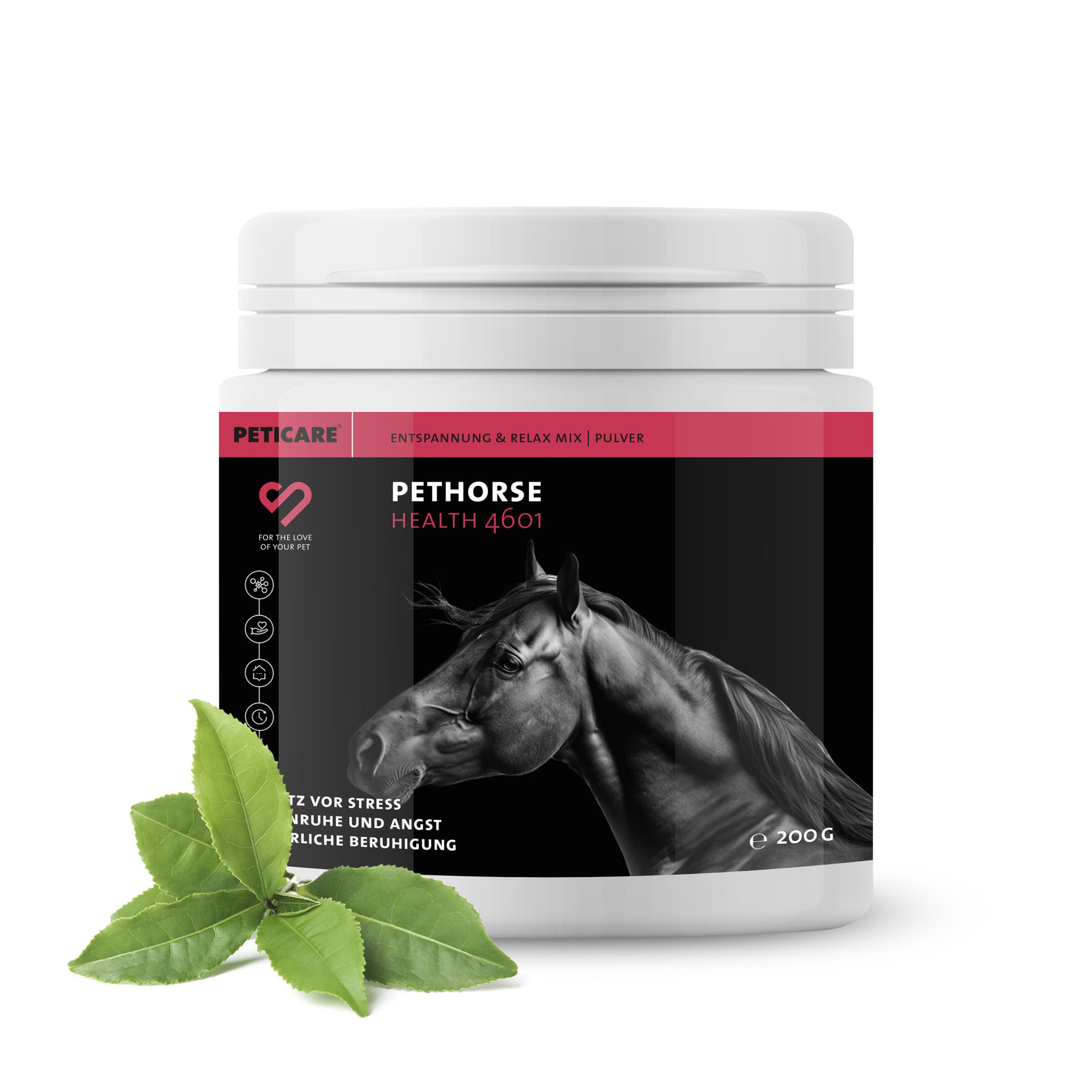 Weißes Produktglas mit rotem Etikett. Aufschrift: Pethorse Health 4601. Abbildung eines Pferdekopfes. 200g. Grüne Blätter liegen davor.