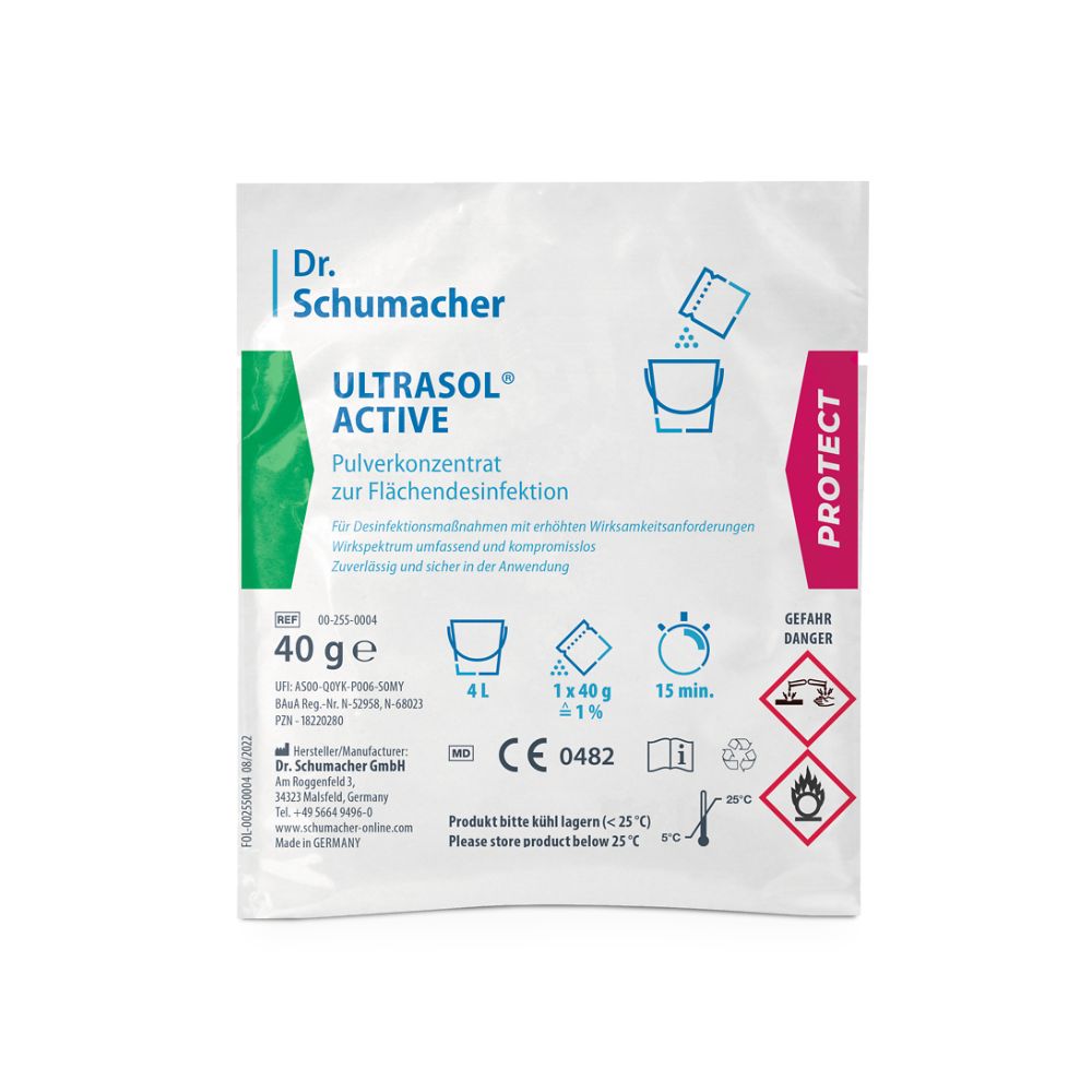 Beutel mit Pulverkonzentrat. Aufdruck: Dr. Schumacher Ultrasol® Active, Piktogramme, Text. CE-Kennzeichnung.