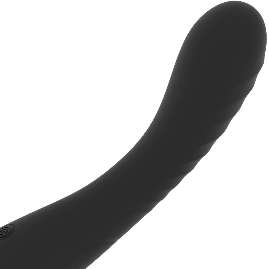 Nahaufnahme eines schwarzen, gebogenen Vibrators. Die Oberfläche ist glatt.
