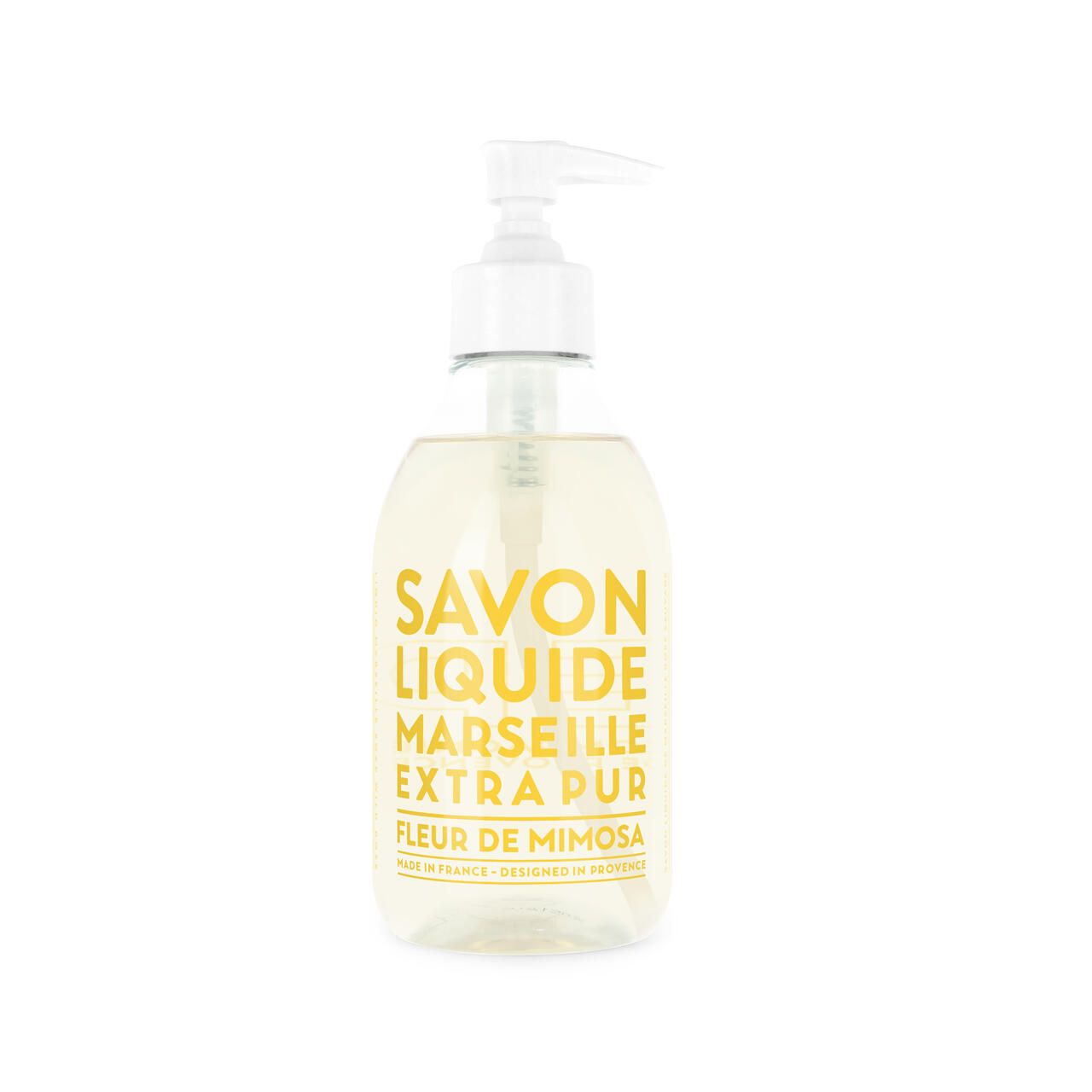 Transparente Flasche mit gelbem Flüssigseife. Weißer Spender. Aufschrift: Savon Liquide Marseille Extra Pur Fleur de Mimosa.